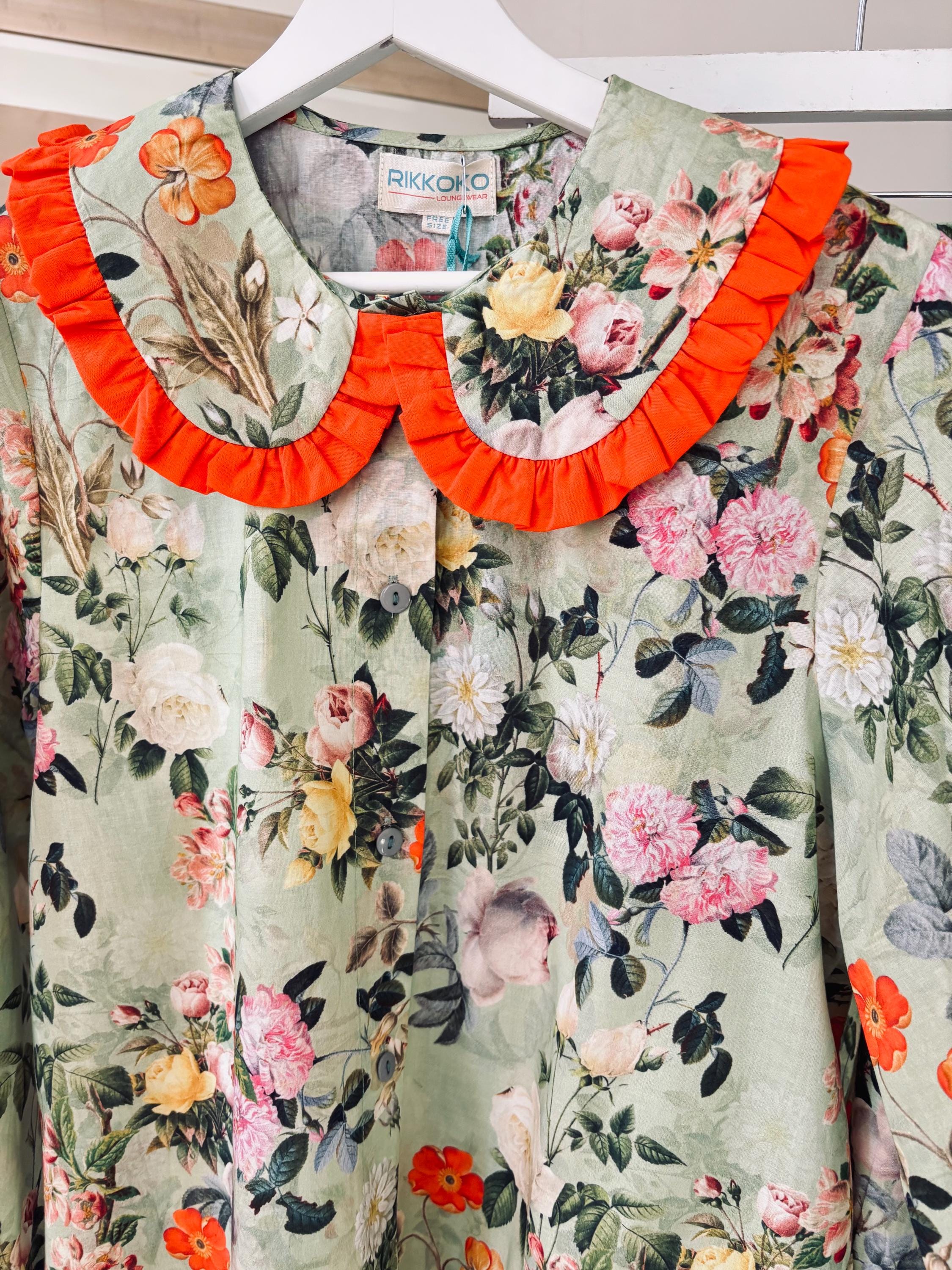 Victorian Floral Cotton Pajama Set: Sage Green & Orange Ruffle Trim