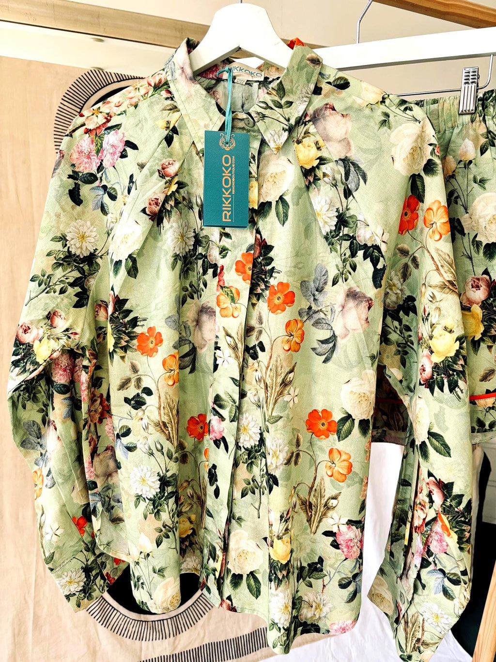 Vintage Floral Print Cotton woman shirt  Sage Green & Orange palette