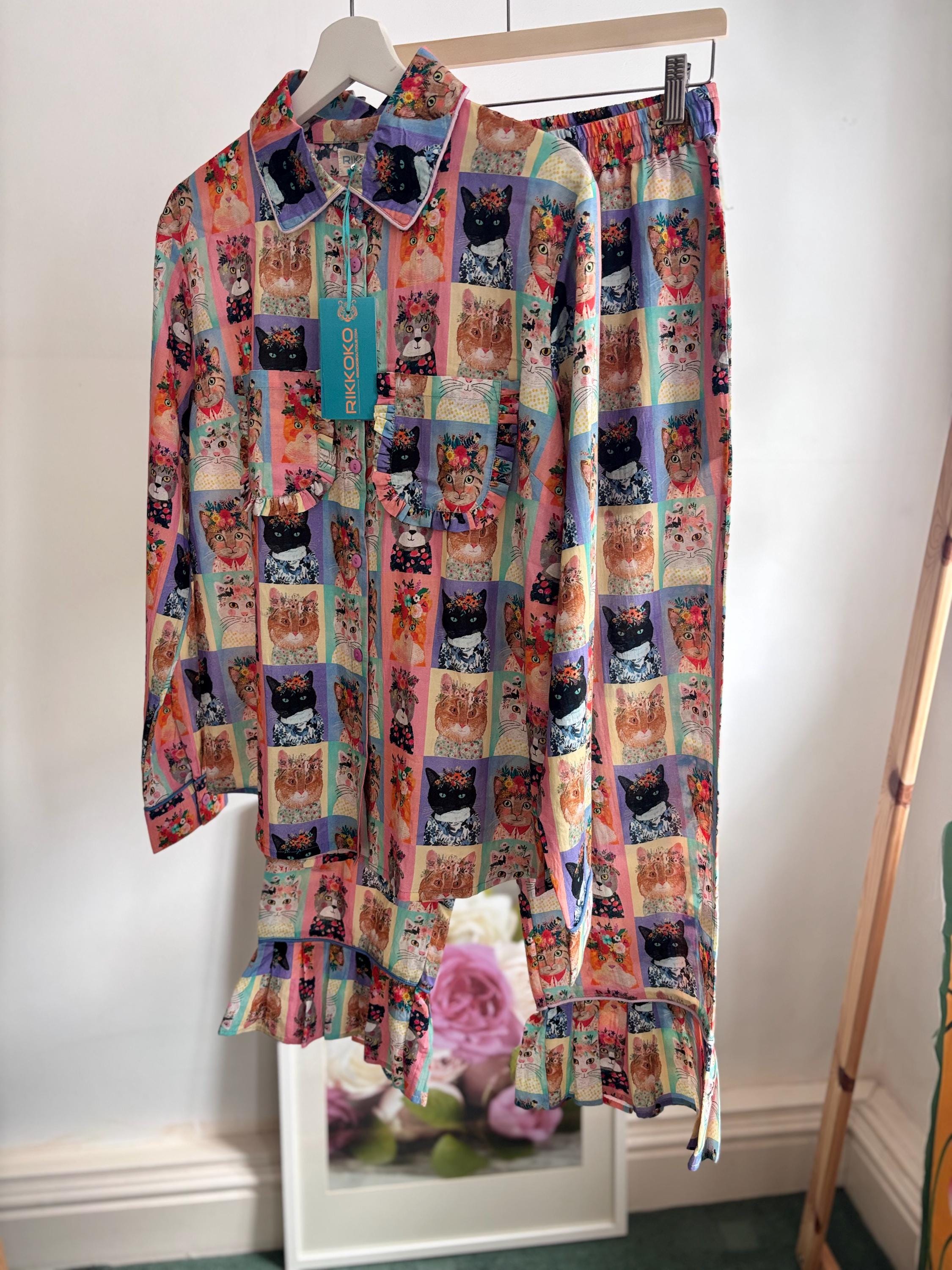 Pyjama cotton set coordinate  with frills  and pocket on quirky  DOGS PUPPY  print