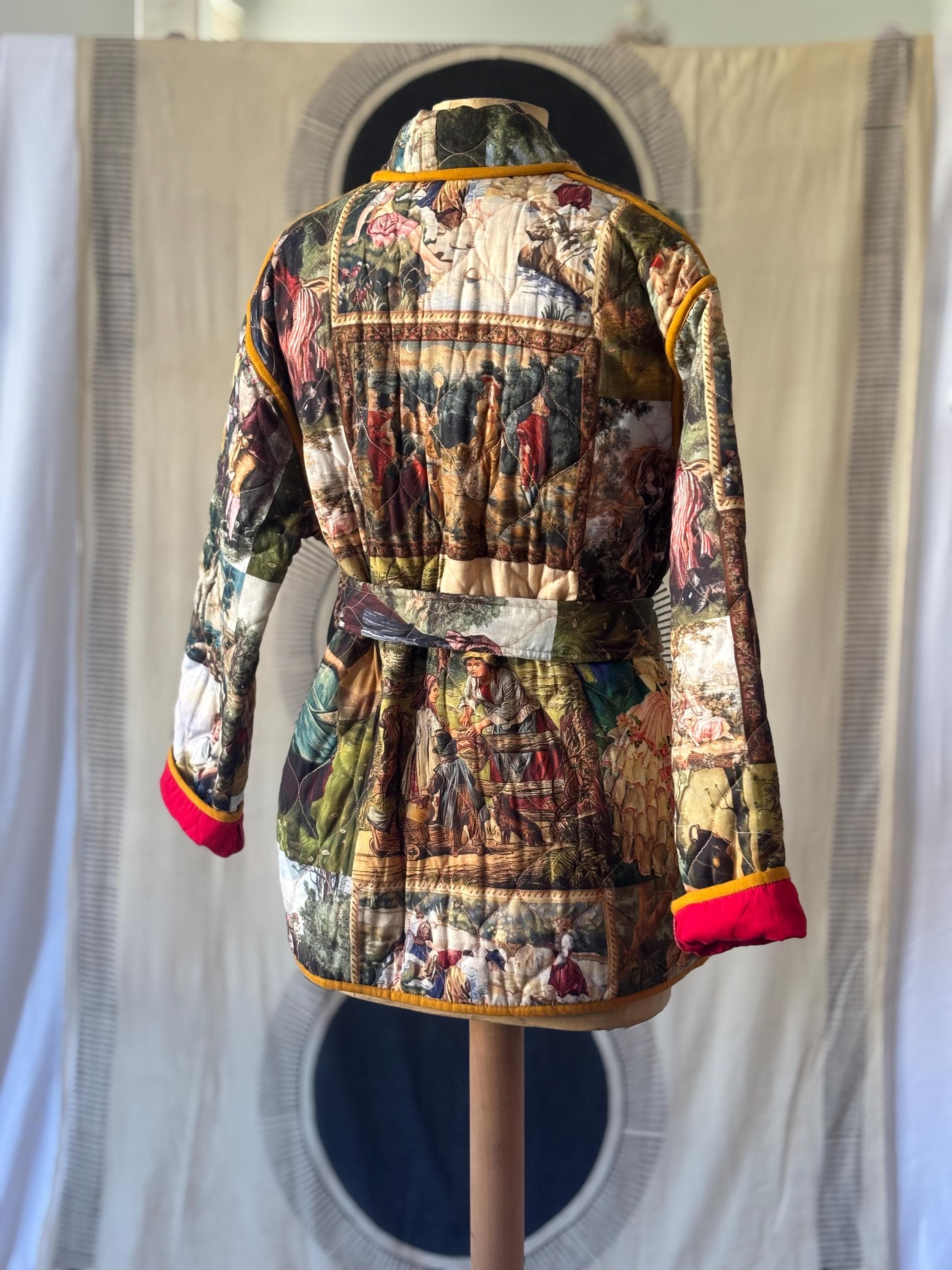 Padded Robe Jacket: Romantic Painting Print, Green/Yellow Piping in cotton and digital print