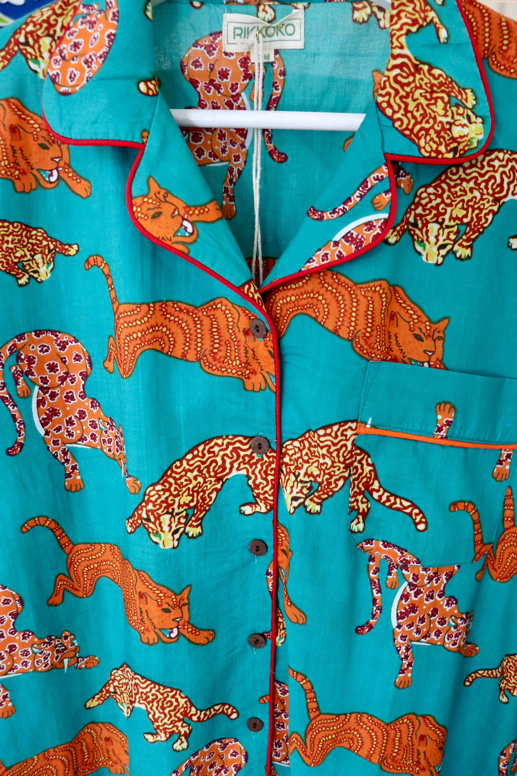 Cotton Pyjama Set: Orange Panther Print, Green Piping