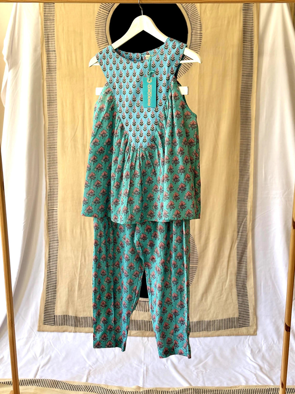 Floral Block Print Cotton Coordinate Set: Sleeveless Top & High-Waisted Pants