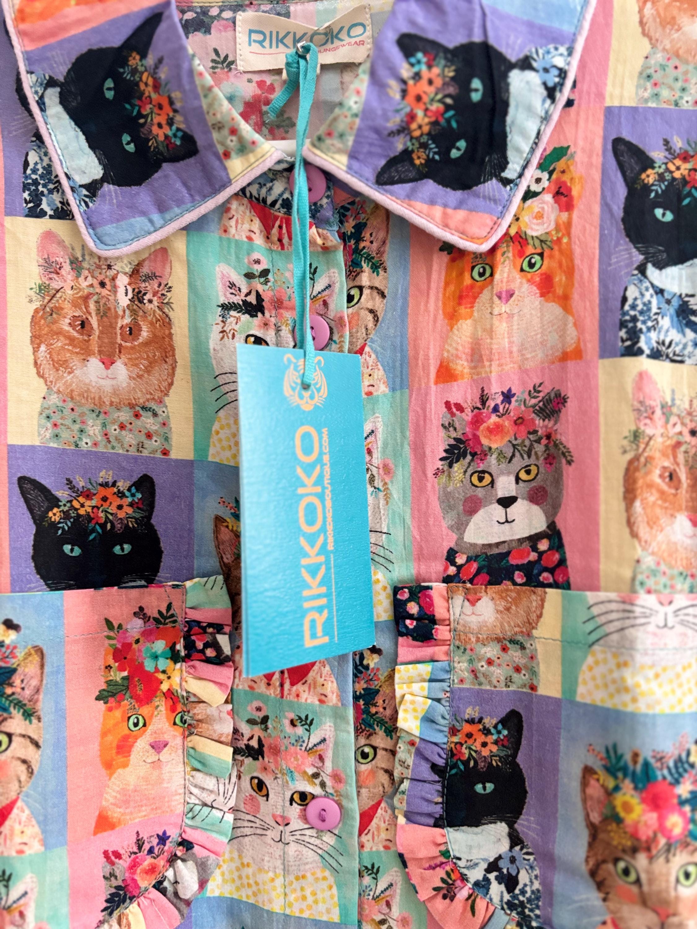 WOMAN Cotton Pyjama Set  Cats Print, with frills on a pastel palette