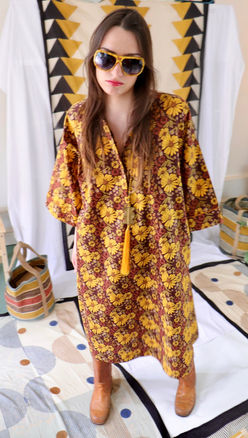 Floral Print Cotton Kaftan Tunic Dress