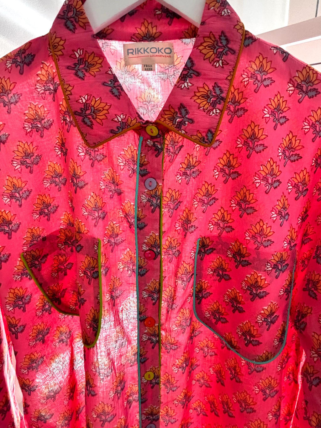 pyjama woman set coordinate  light cotton with yellow  flower on pink base