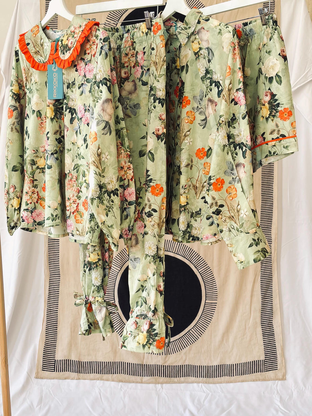 Vintage Floral Print Cotton woman shirt  Sage Green & Orange palette