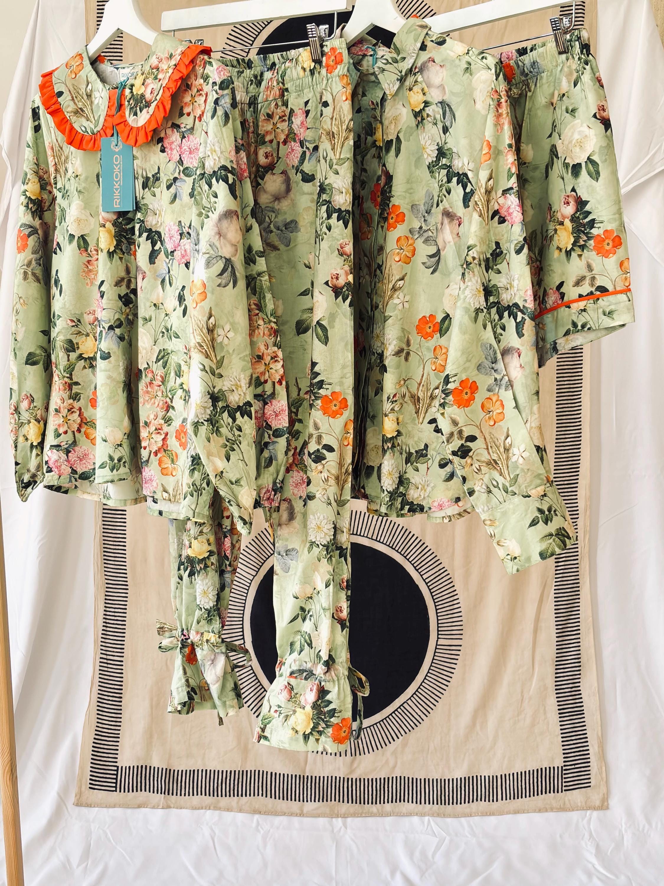 Vintage Floral Print Cotton woman shirt  Sage Green & Orange palette