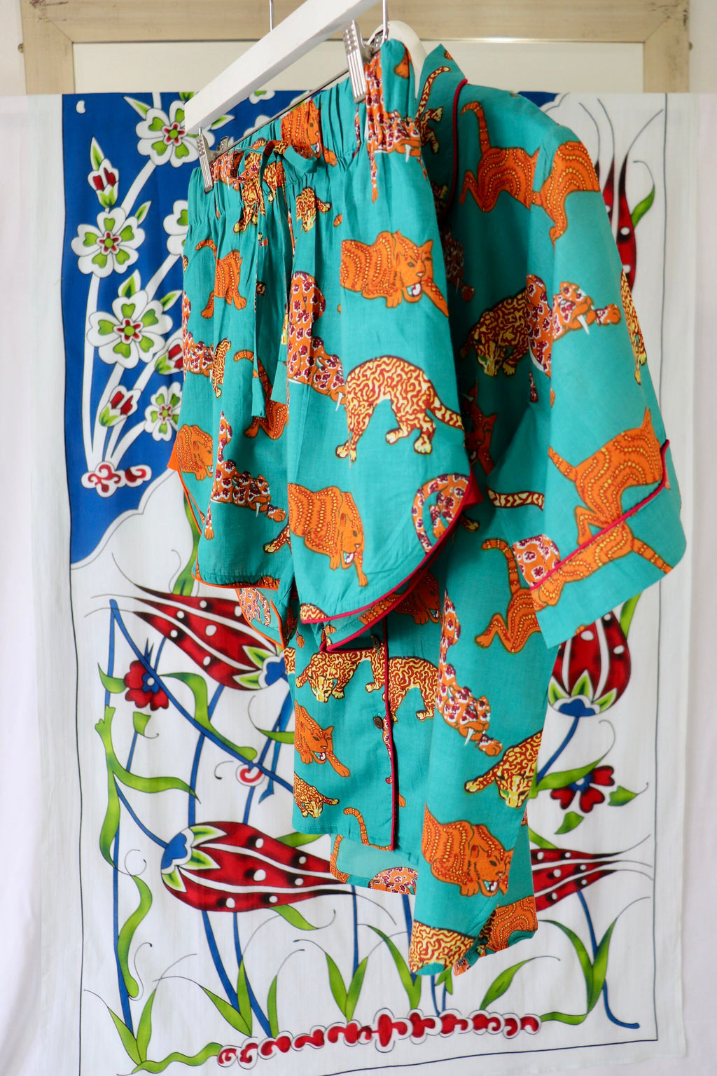 Cotton Pyjama Set: Green Orange Panther Print, Short Sleeve Piped Loungewear