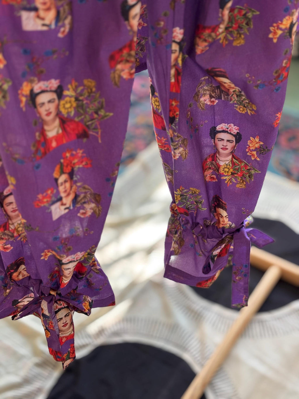 Frida Kahlo Print Cotton Pajama Set: Victorian Style Purple Loungewear