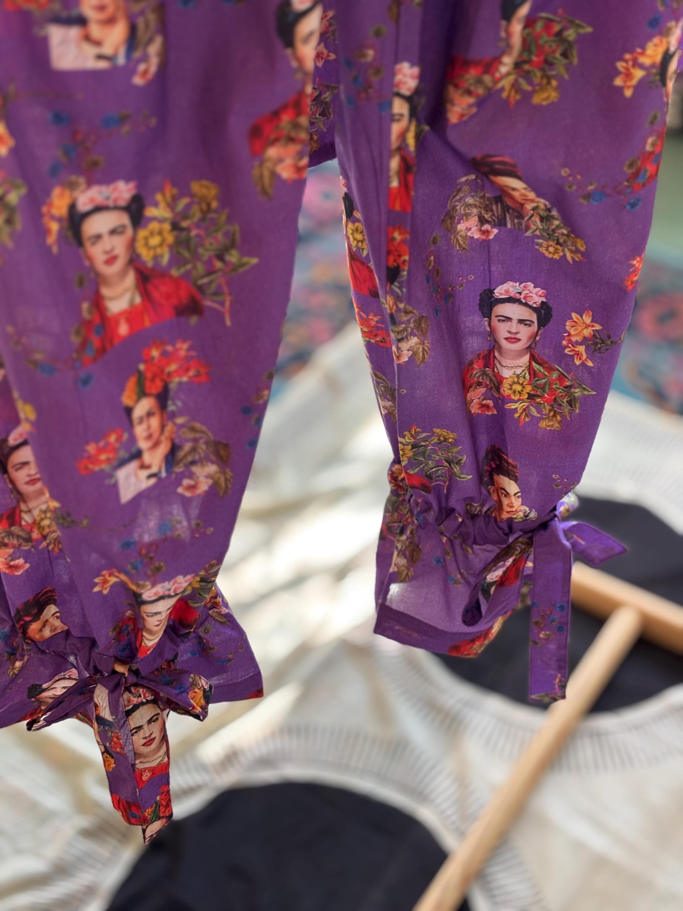 Frida Kahlo Print Cotton Pajama Set: Victorian Style Purple Loungewear