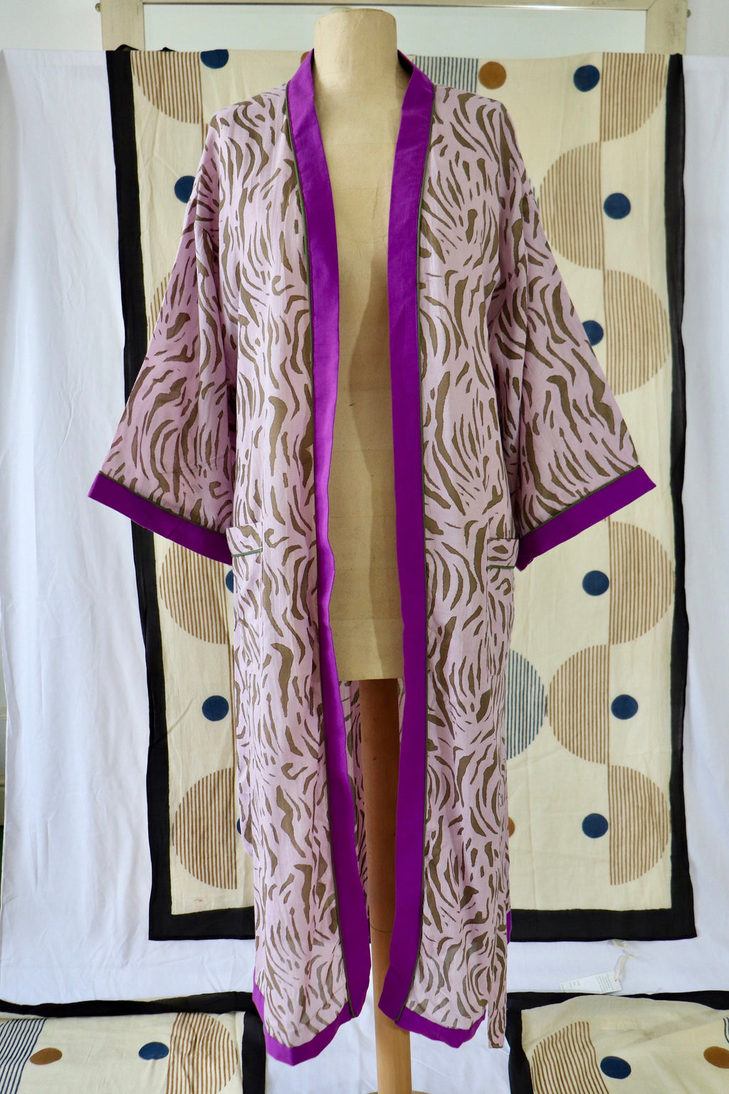 Animal Print Cotton Kimono Robe: Handmade Violet Loungewear