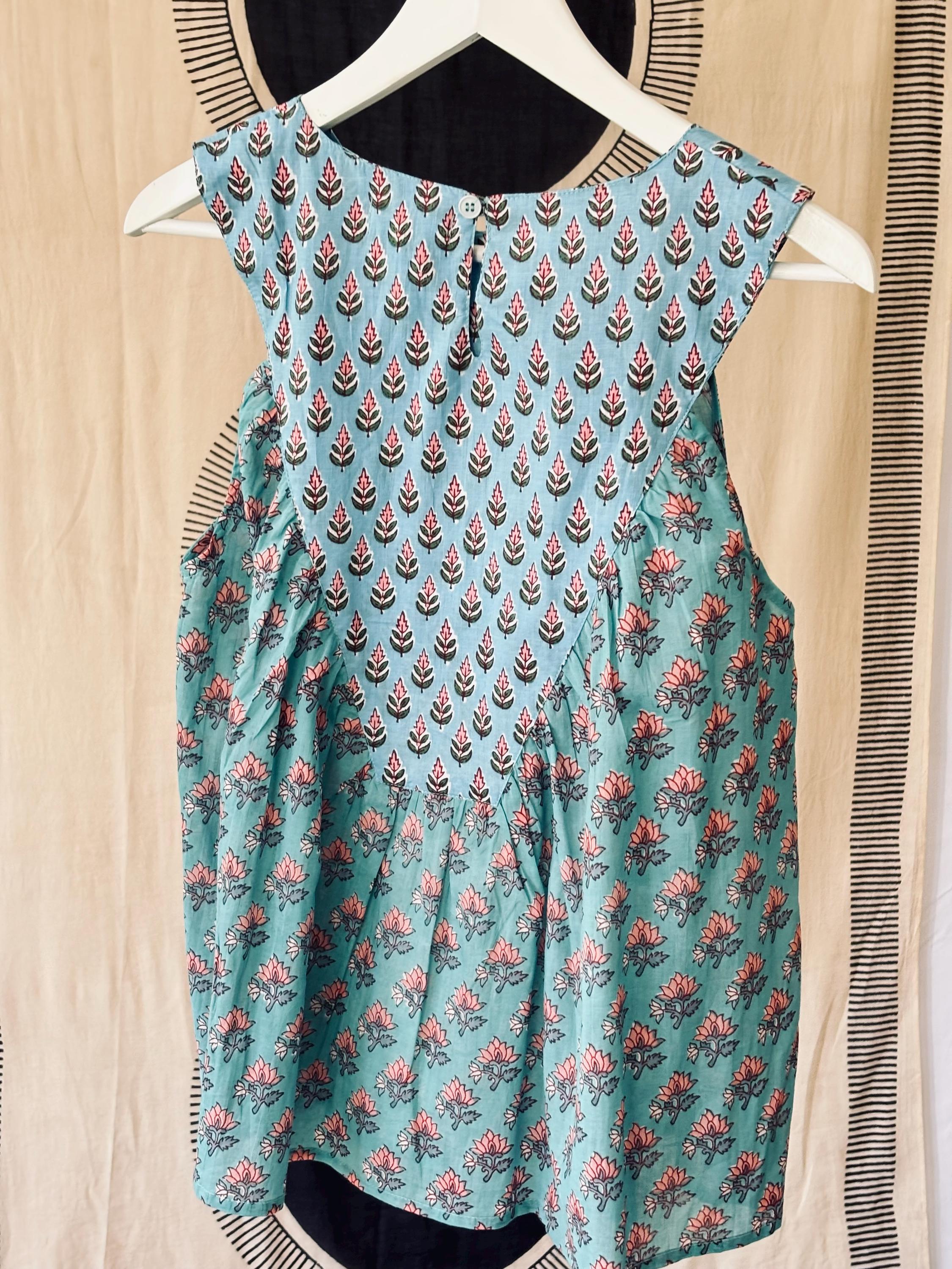 Floral Block Print Cotton Coordinate Set: Sleeveless Top & High-Waisted Pants