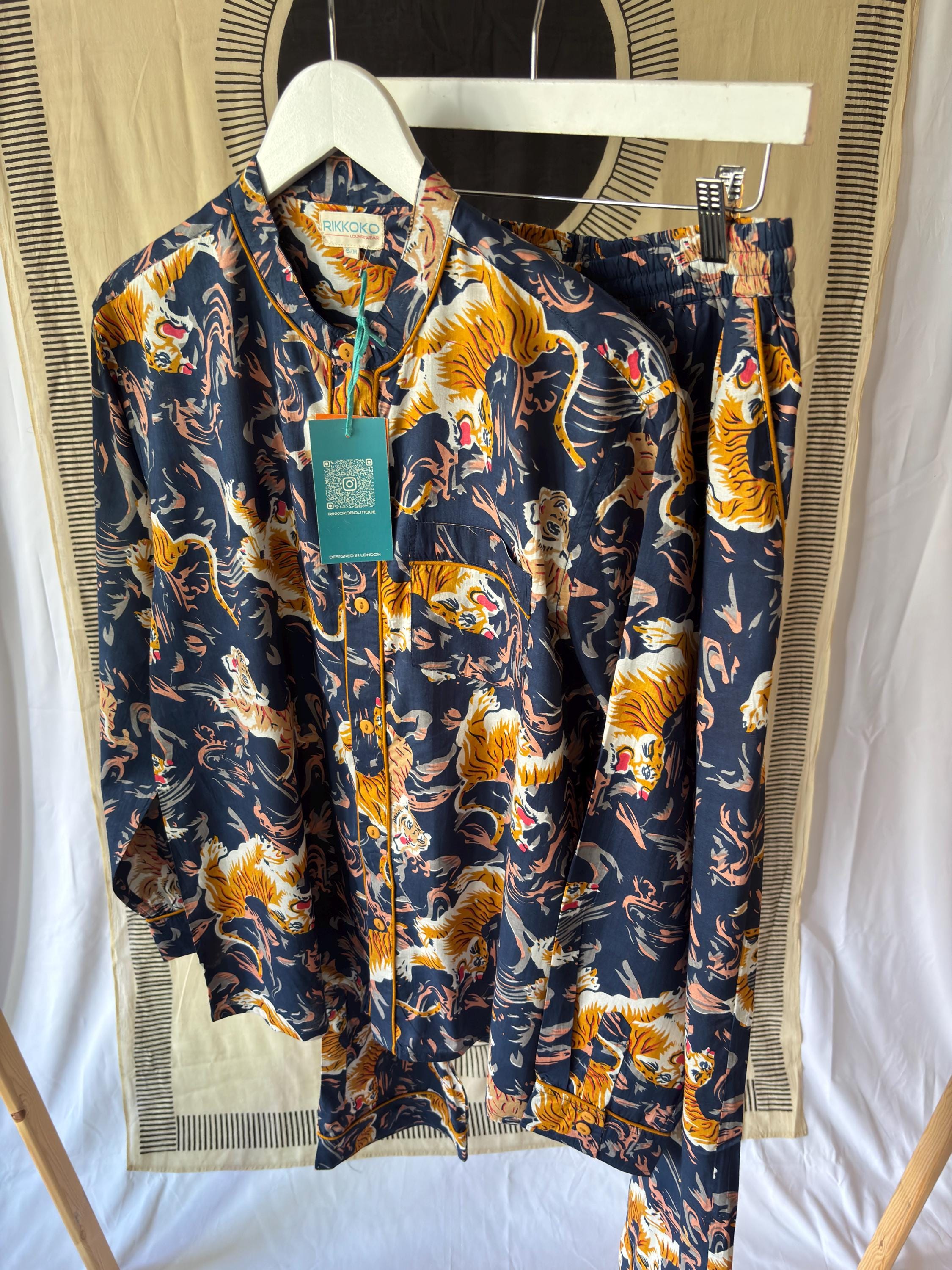 Men's Cotton Tiger Print Pajama Set: Black, Blue, Green