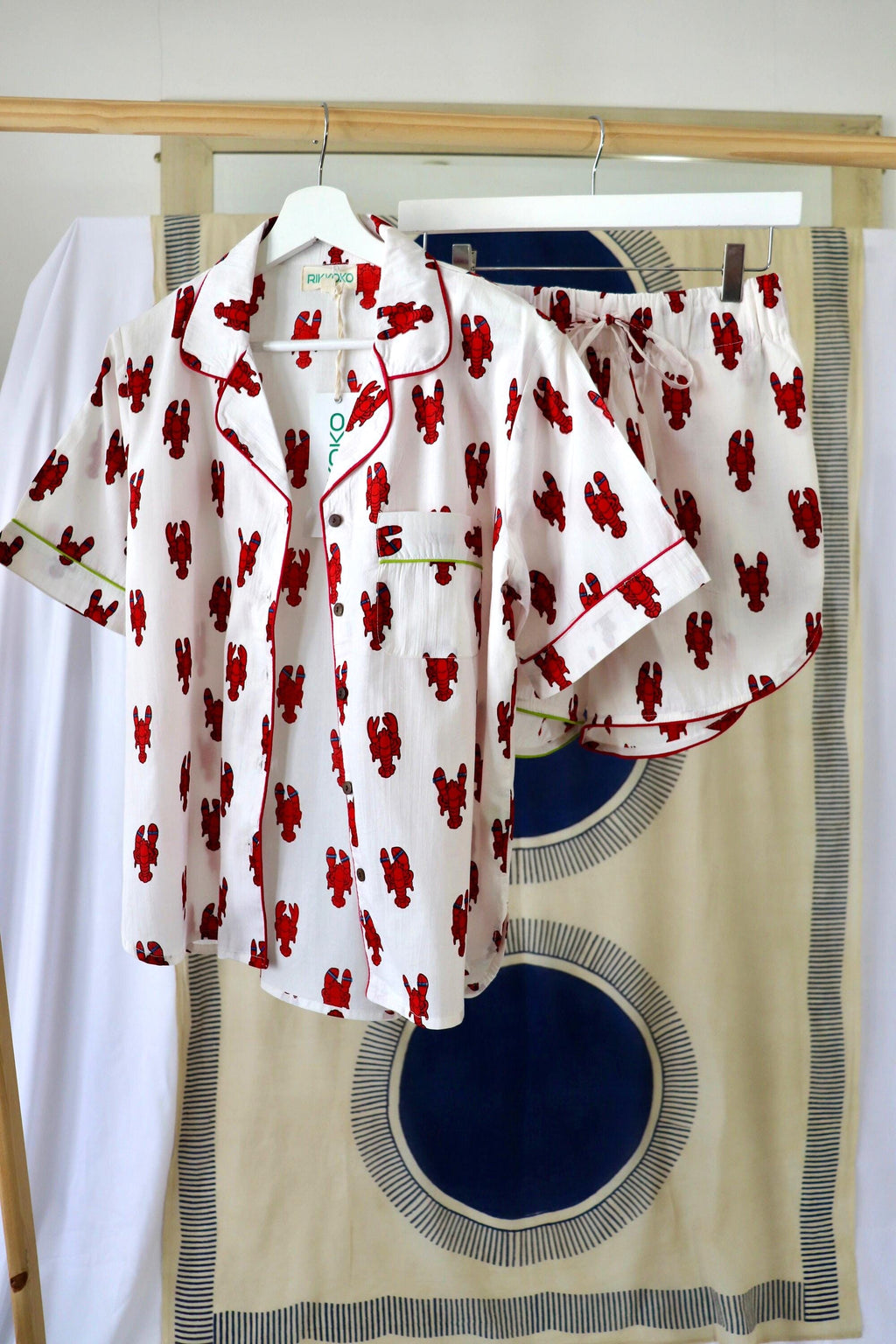 Lobster Print Cotton Pajama Set: Short Sleeve Top & Shorts with Piping