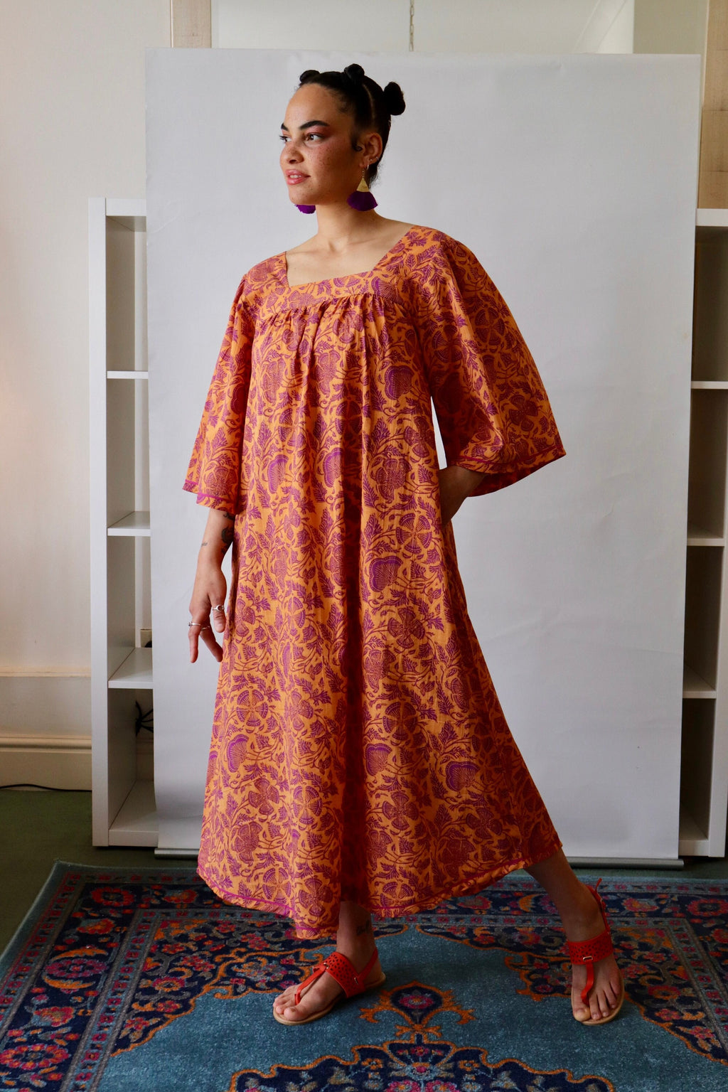 Floral Cotton Summer Dress: Block Print Lounge Dress with Sleeves