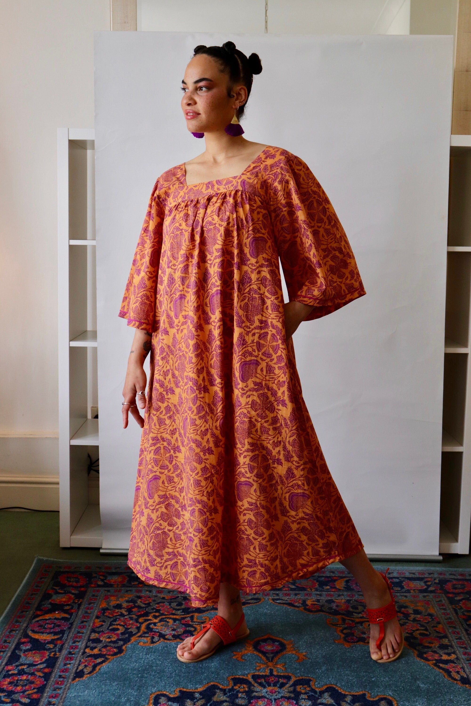 Floral Cotton Summer Dress: Block Print Lounge Dress with Sleeves