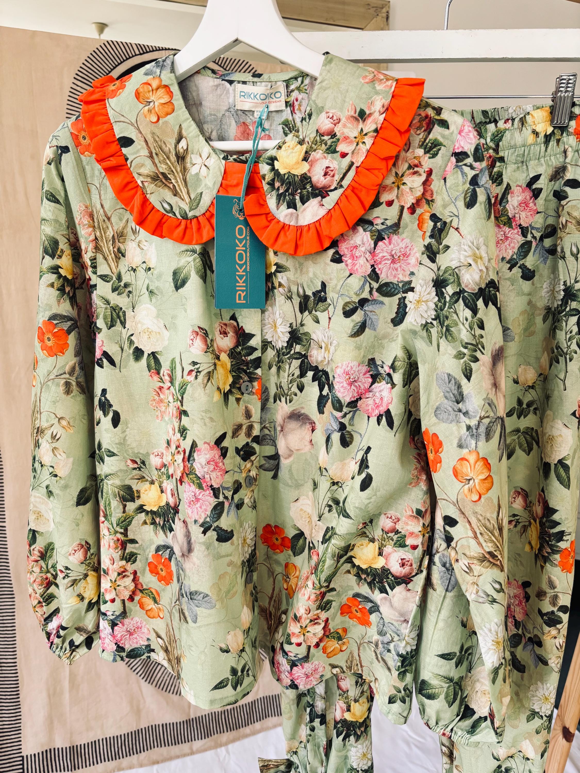 Victorian Floral Cotton Pajama Set: Sage Green & Orange Ruffle Trim