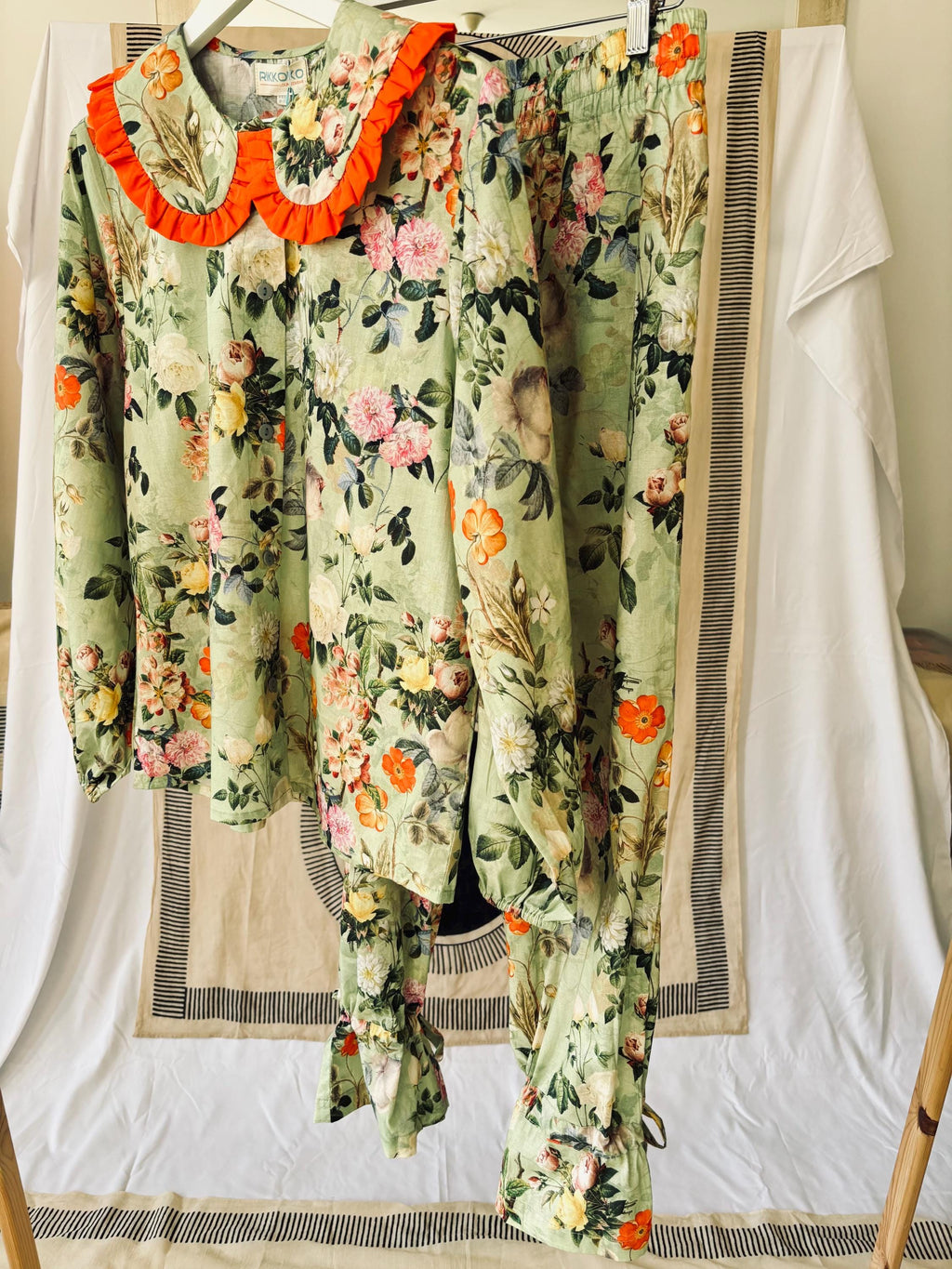 Victorian Floral Cotton Pajama Set: Sage Green & Orange Ruffle Trim