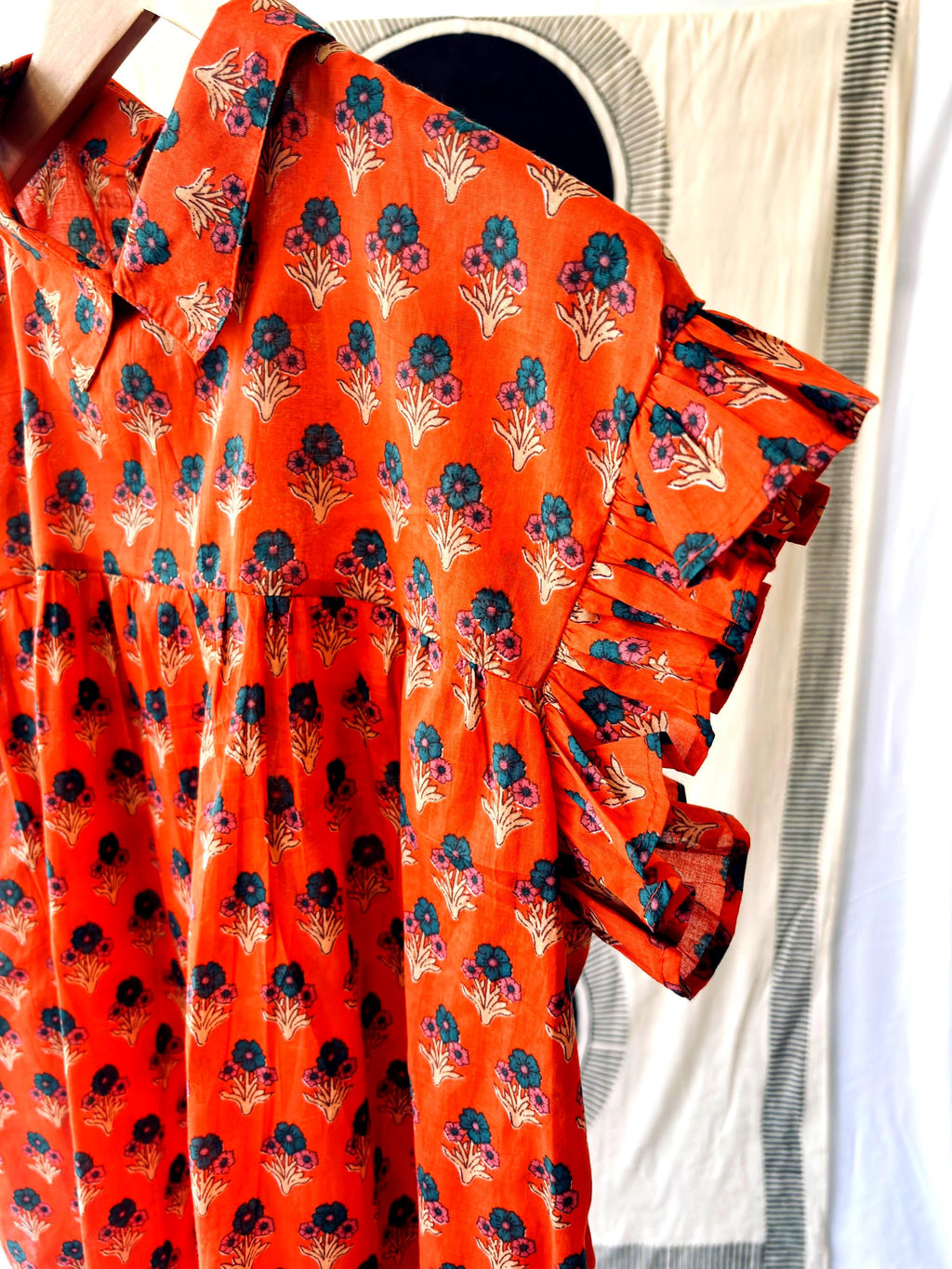 Floral blouse | 100% cotton sleeveless summer block print | orange | blue | cream