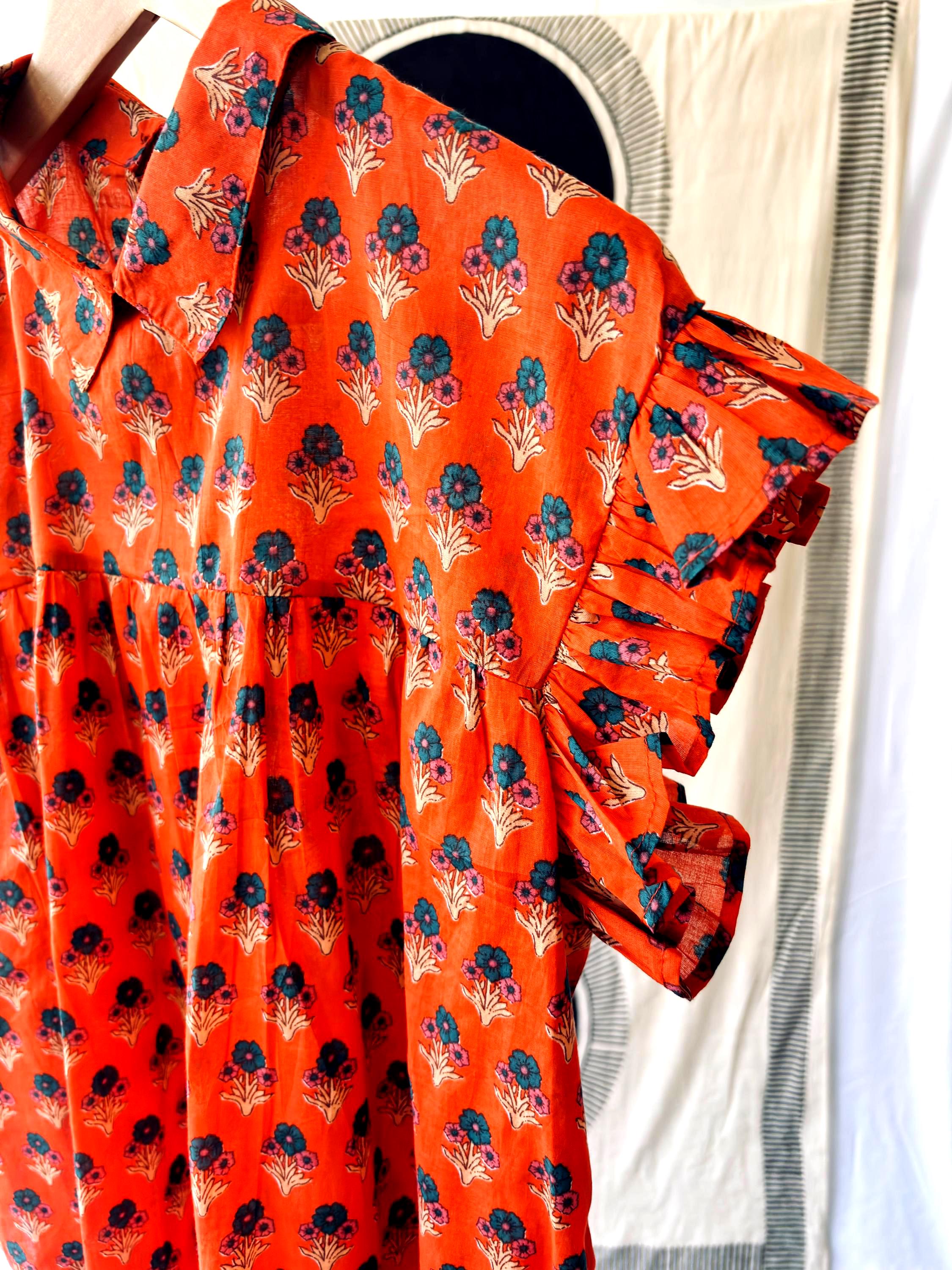 Floral blouse | 100% cotton sleeveless summer block print | orange | blue | cream