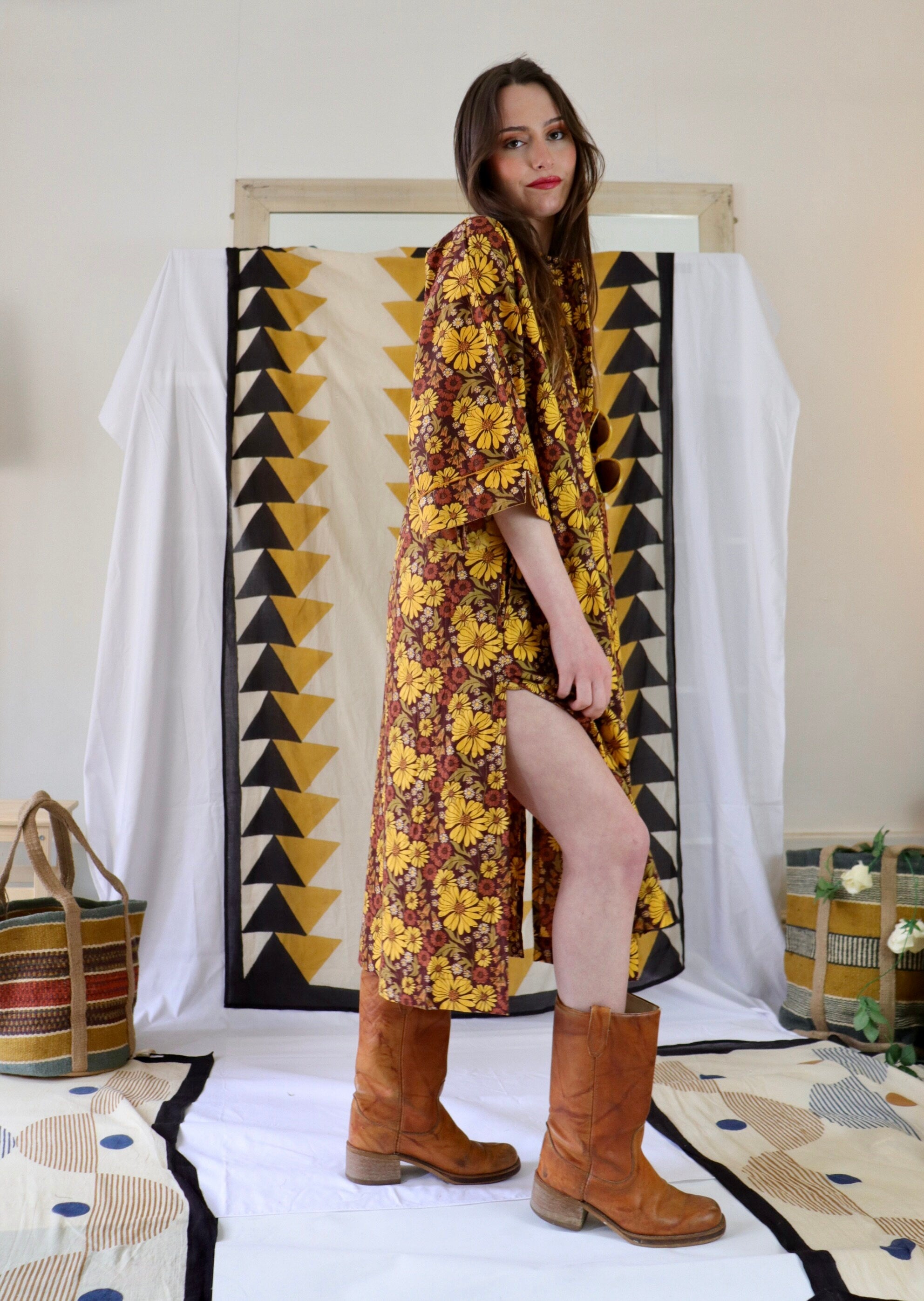 Floral Print Cotton Kaftan Tunic Dress