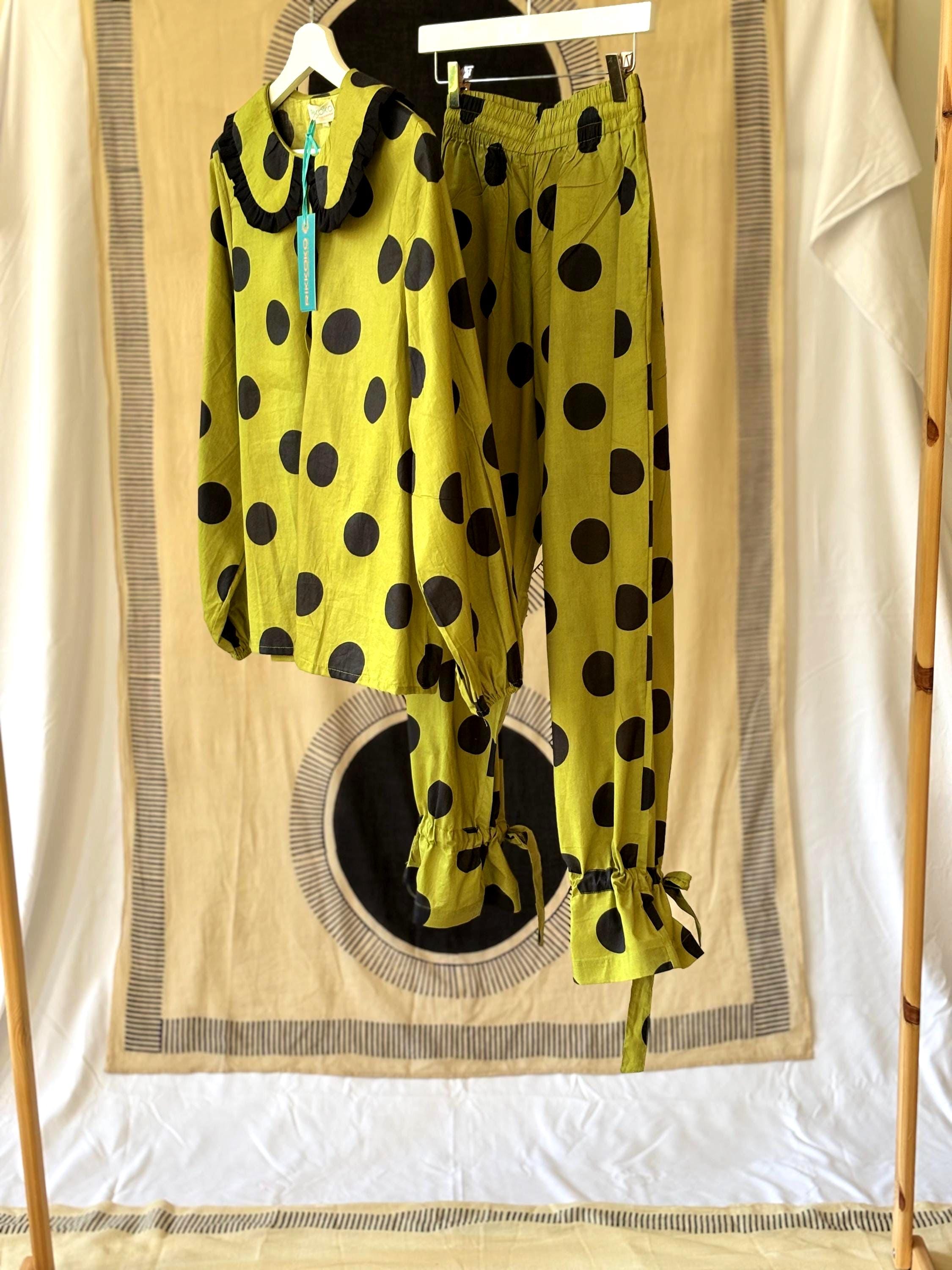 woman Victorian Style Cotton Pyjama  Set black Polka Dot  on a lime green base