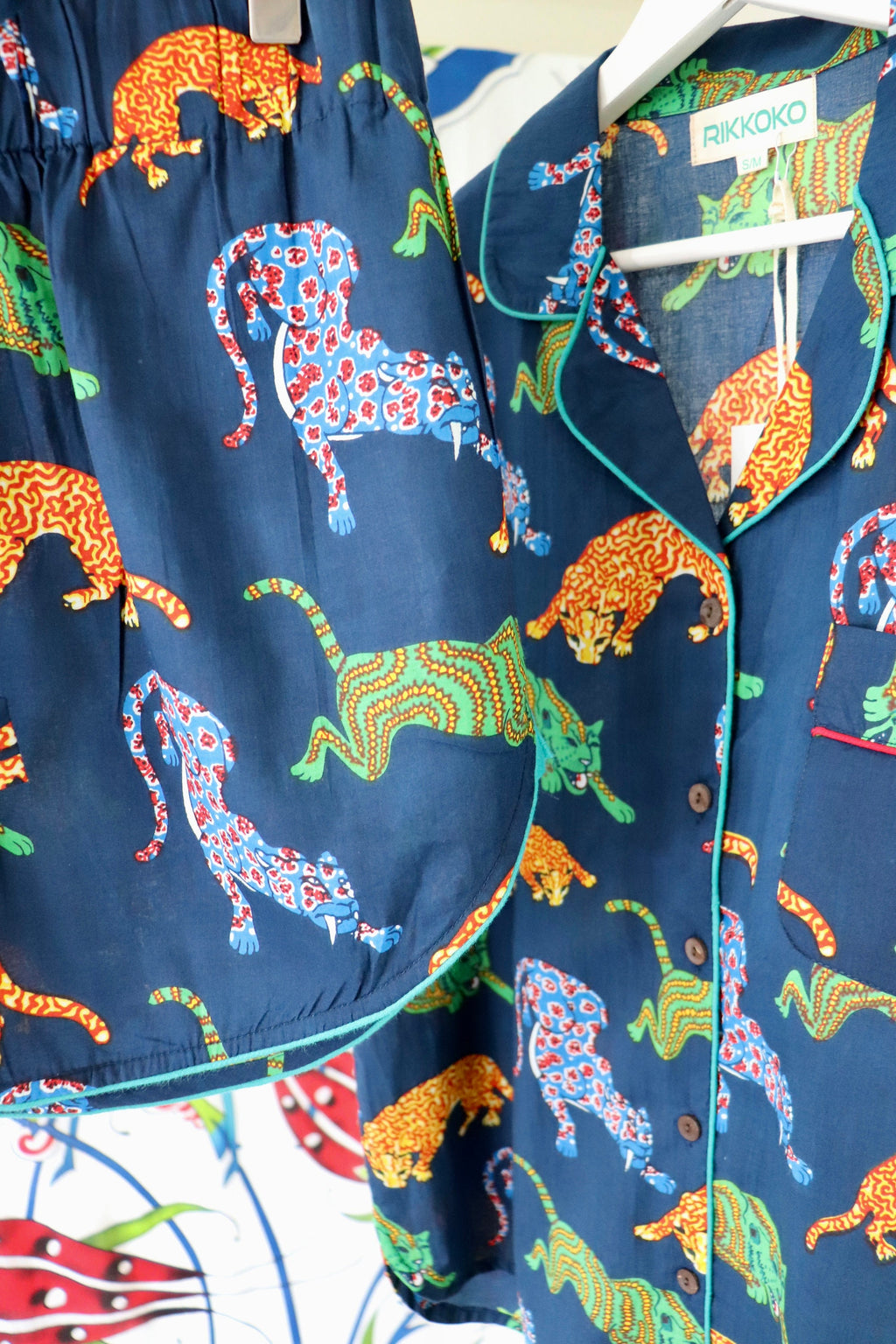 Cotton Pyjama Set: Navy Blue Panther Print, Short Sleeve Loungewear