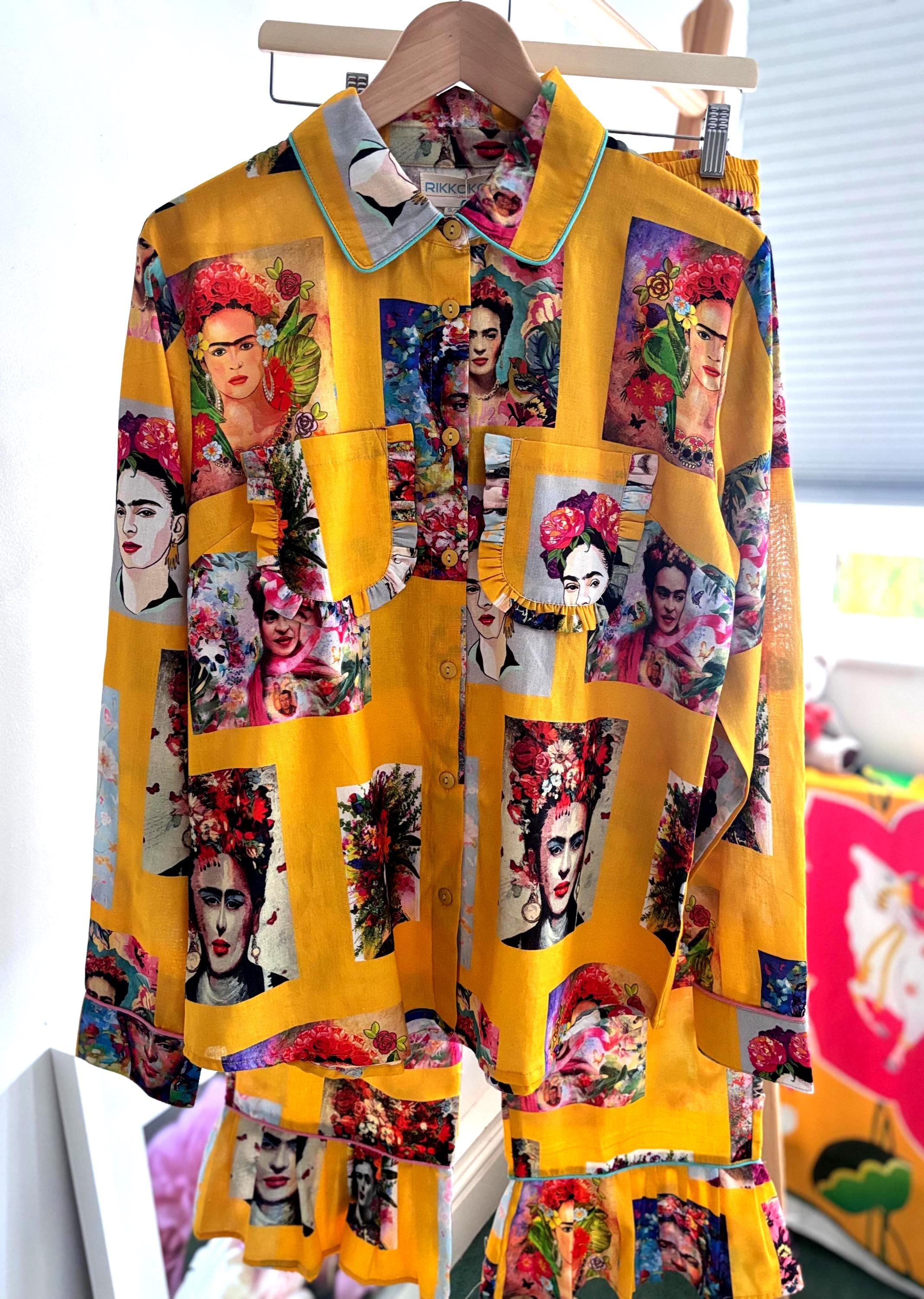 Frida Kahlo Cotton Pyjama frills Set: Yellow Portrait Print Loungewear