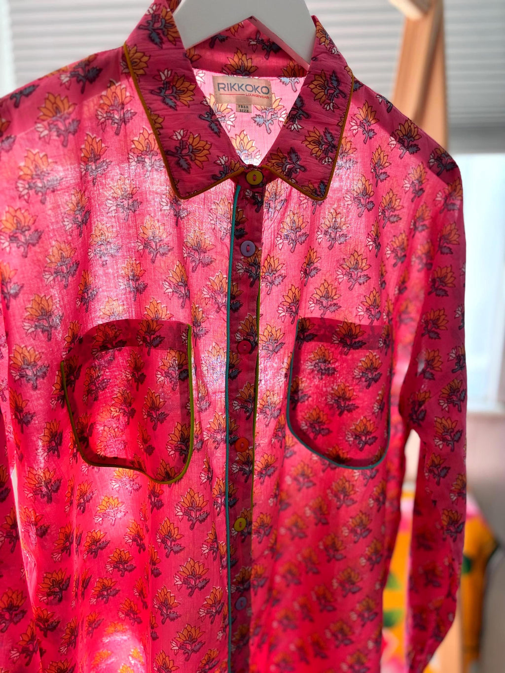 pyjama woman set coordinate  light cotton with yellow  flower on pink base