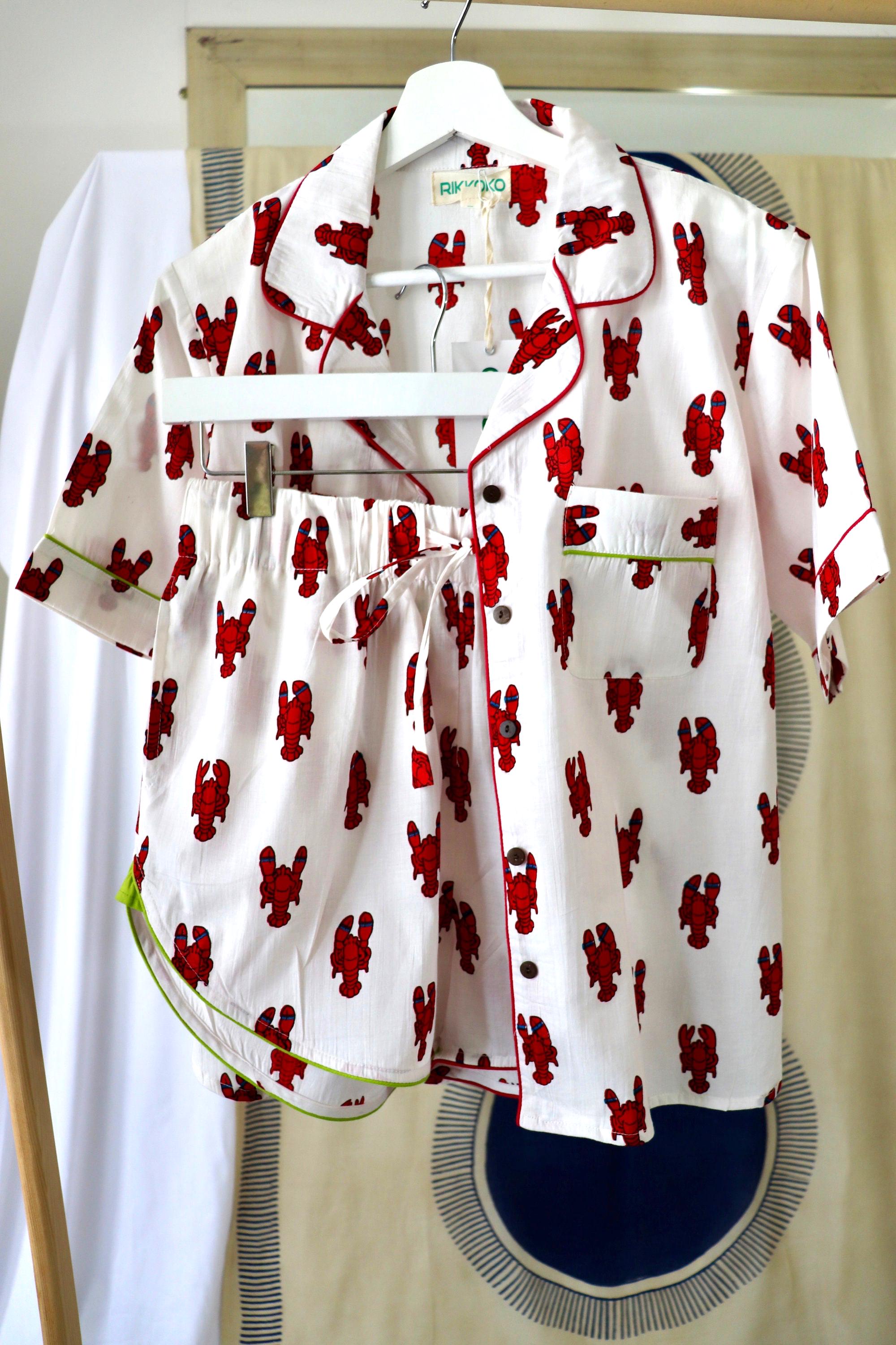 Lobster Print Cotton Pyjama Set: Long Sleeve Coastal Loungewear
