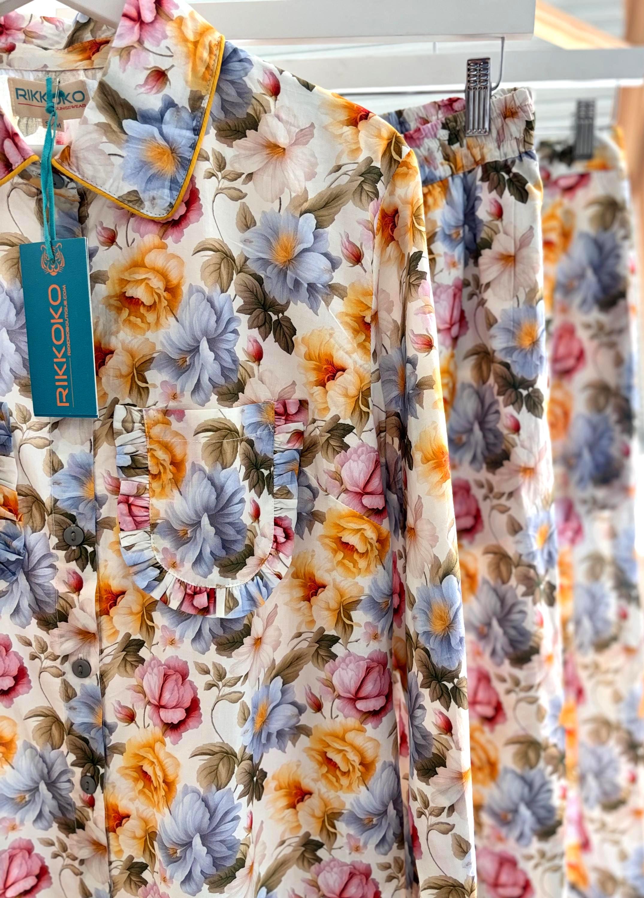 Floral Cotton Pyjama Set: Vintage Style Frills, Sky Blue & Yellow