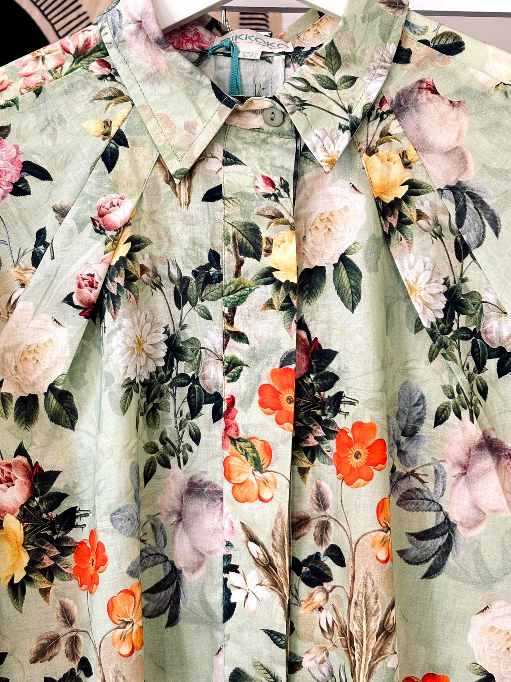 Vintage Floral Print Cotton woman shirt  Sage Green & Orange palette