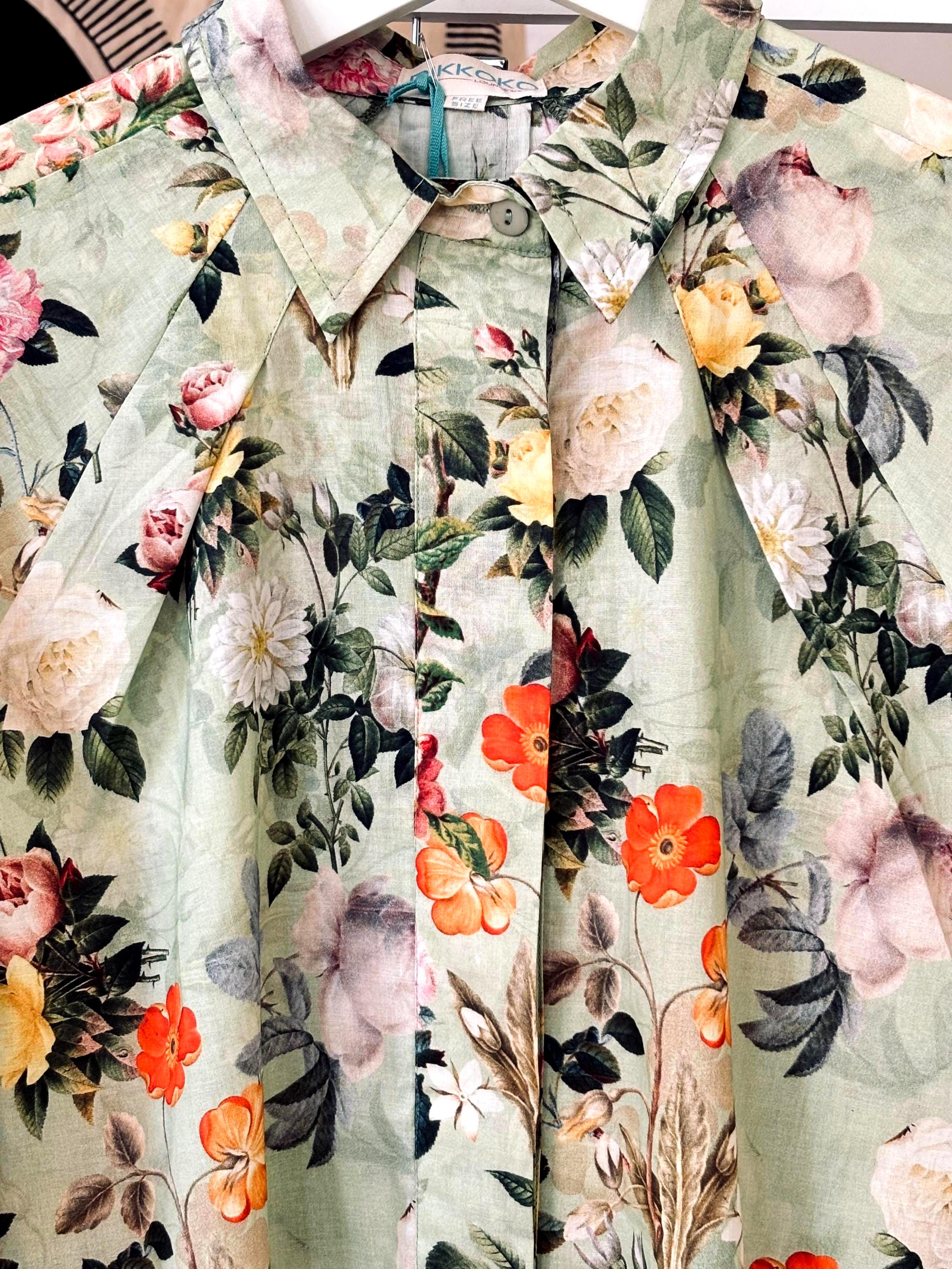 Vintage Floral Print Cotton woman shirt  Sage Green & Orange palette