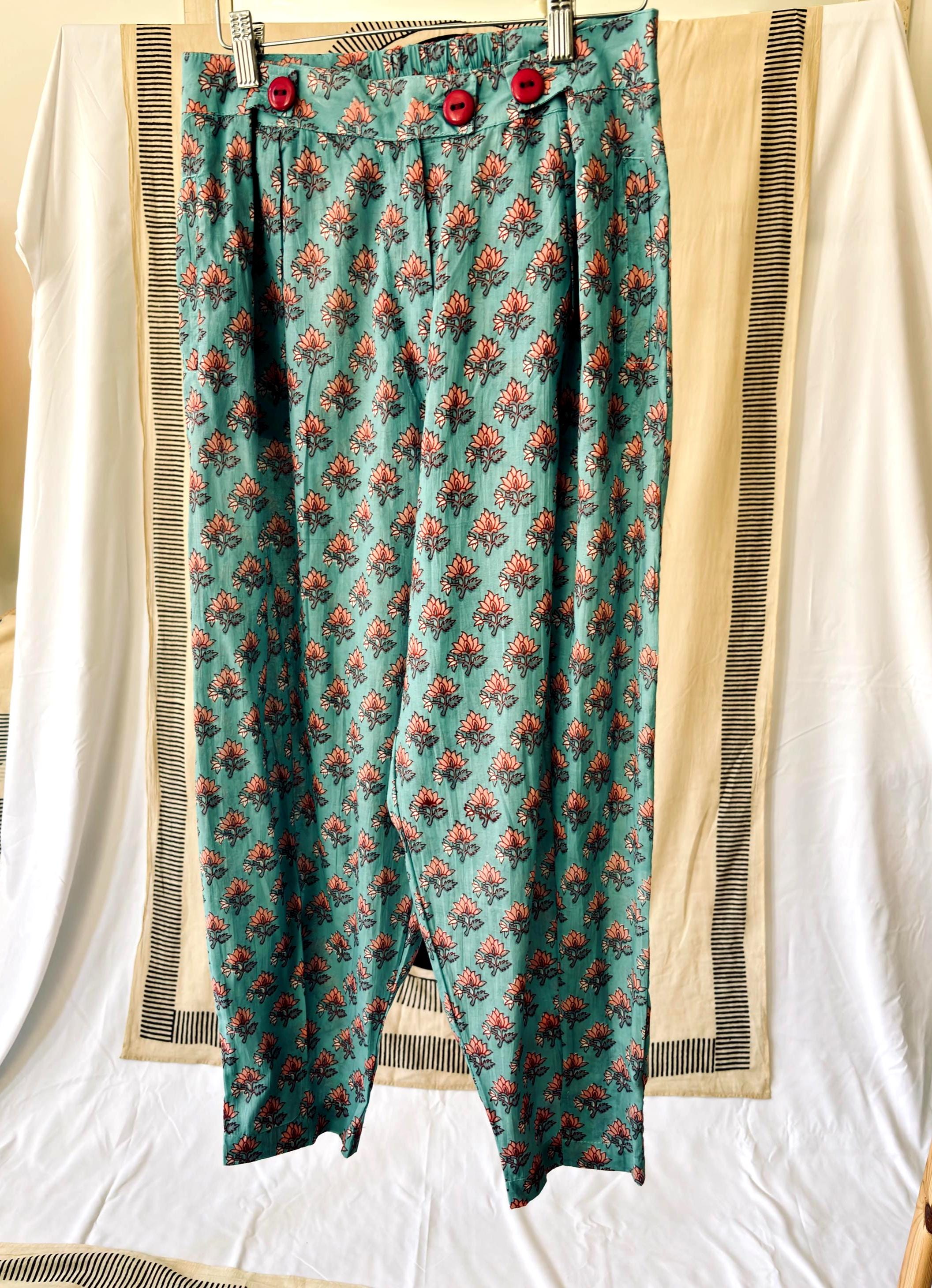 Floral Block Print Cotton Coordinate Set: Sleeveless Top & High-Waisted Pants