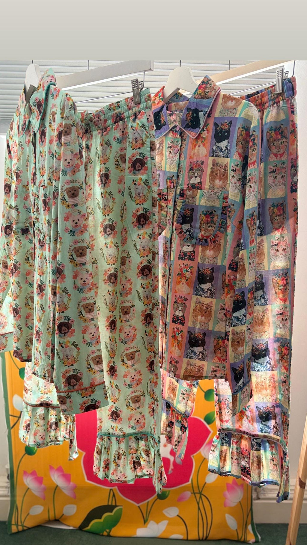 WOMAN Cotton Pyjama Set  Cats Print, with frills on a pastel palette