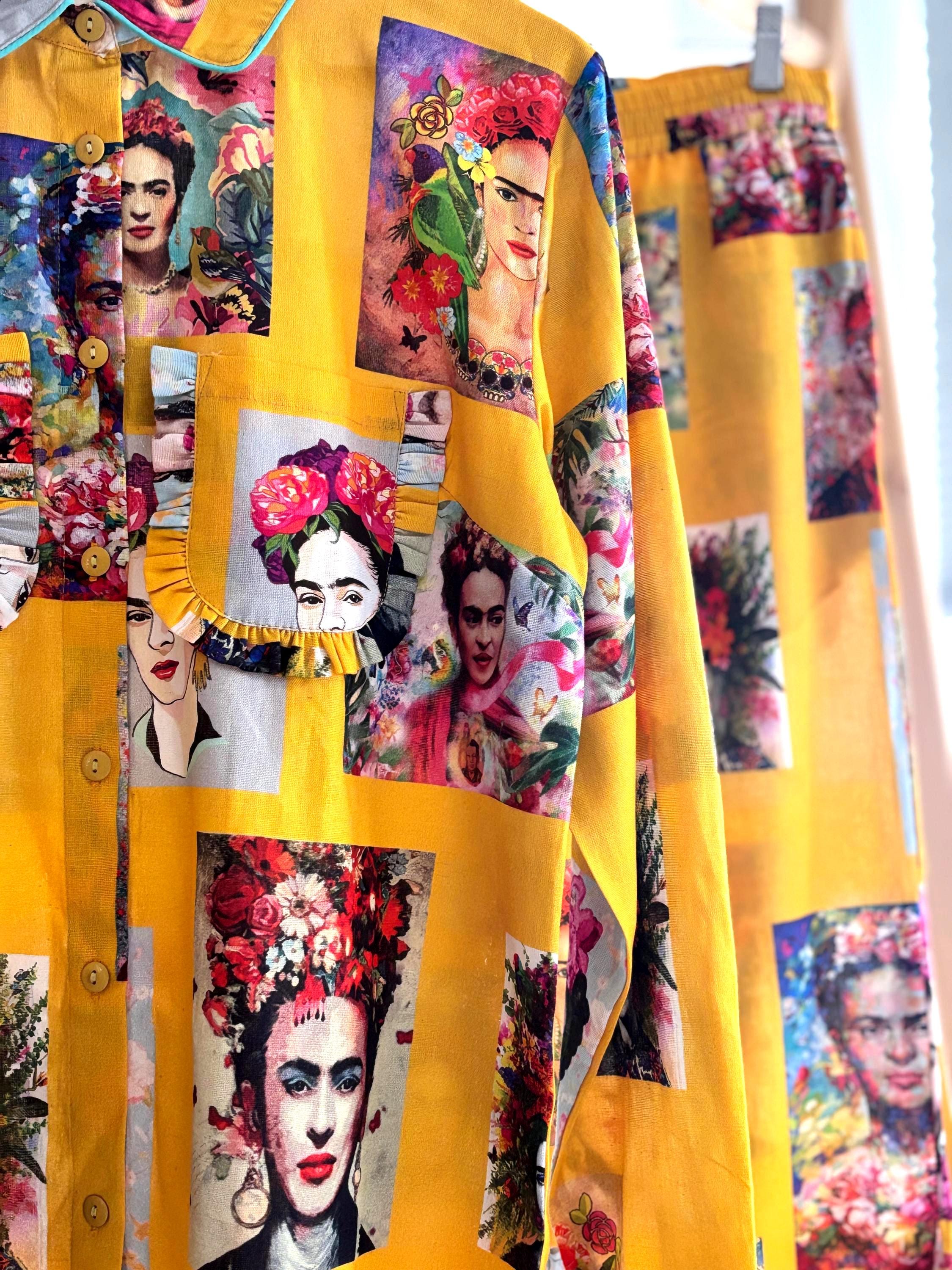 Frida Kahlo Cotton Pyjama frills Set: Yellow Portrait Print Loungewear