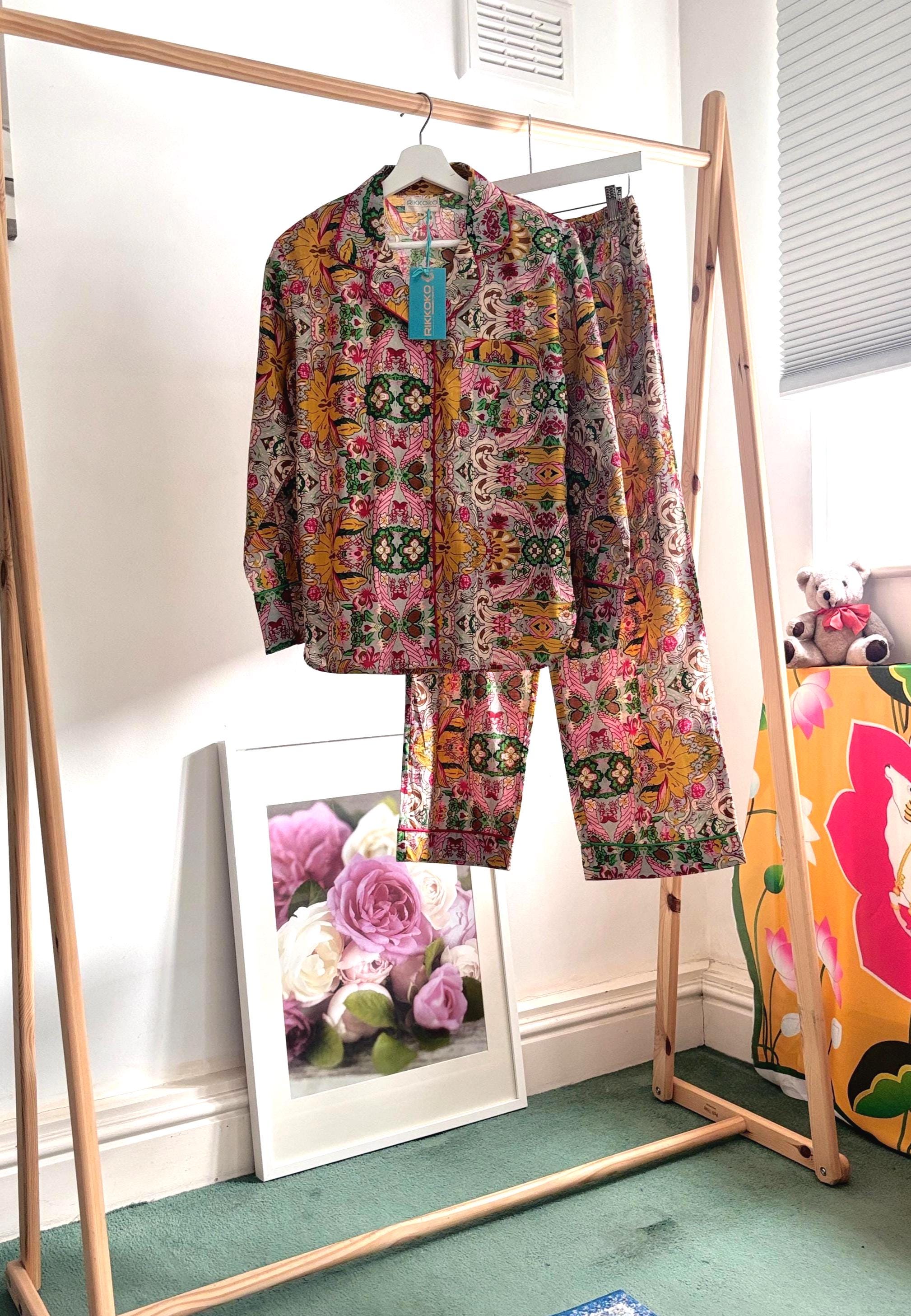 Woman Pyjama cotton Set  Yellow Prism Print and Contrast Piping long pants and sleeves