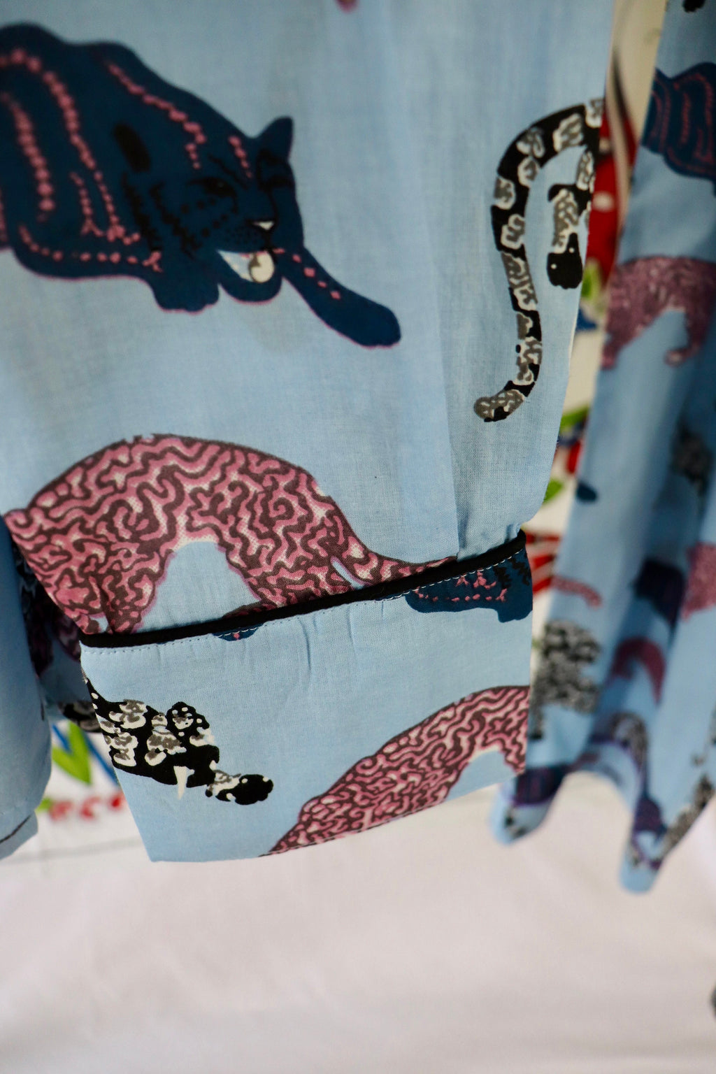 Panther Print Cotton Pajama Set: Blue Long Sleeve Loungewear