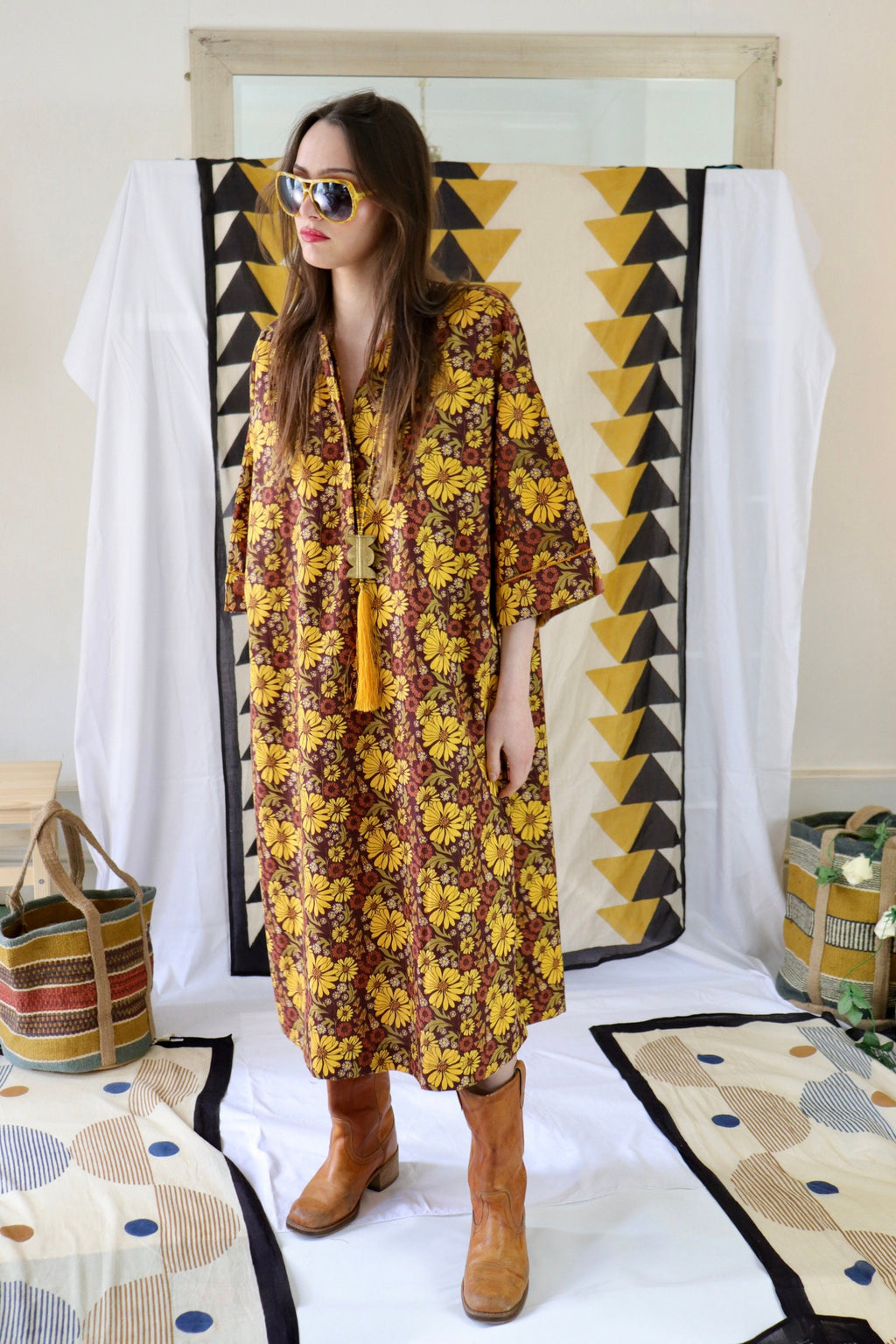 Floral Print Cotton Kaftan Tunic Dress