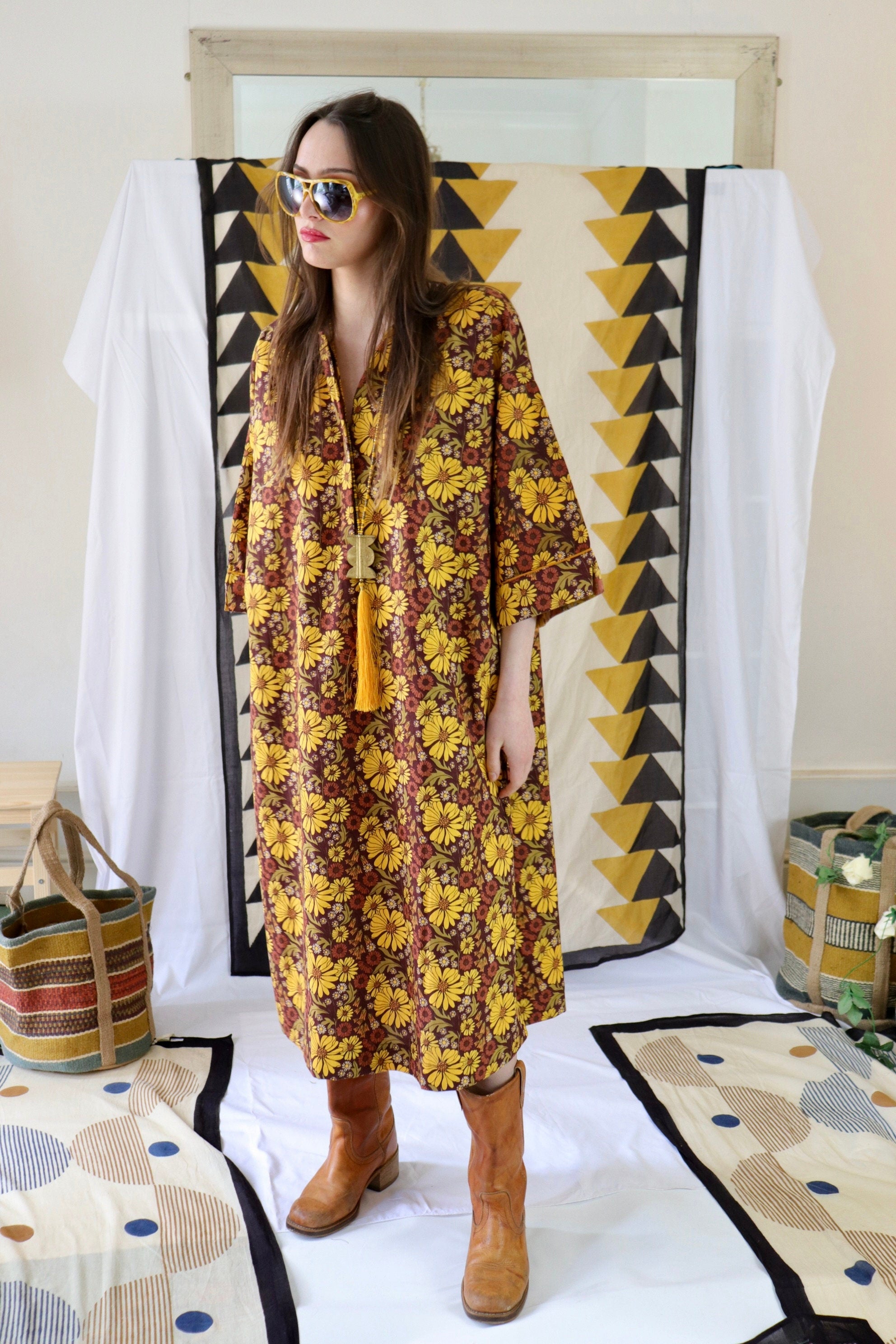 Floral Print Cotton Kaftan Tunic Dress