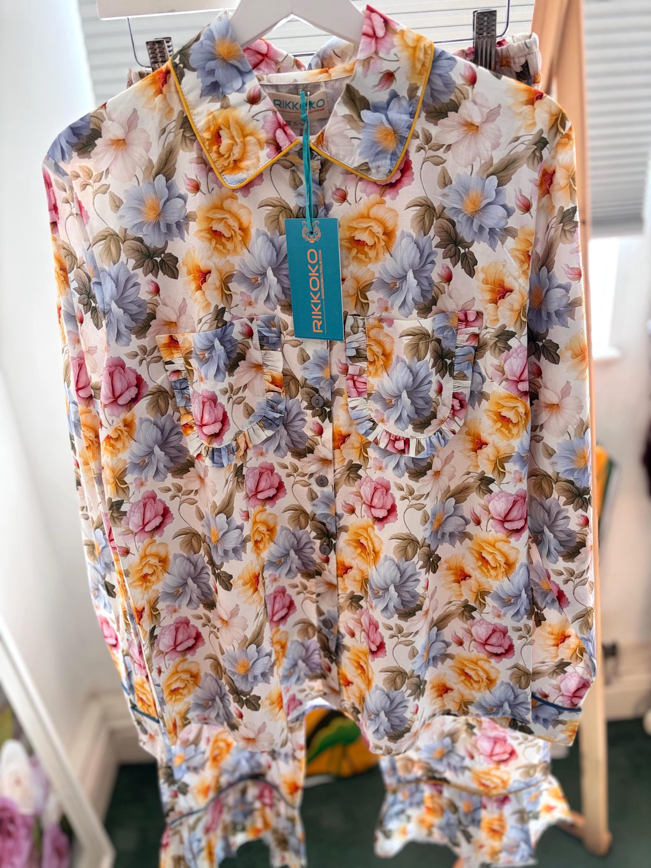 Floral Cotton Pyjama Set: Vintage Style Frills, Sky Blue & Yellow