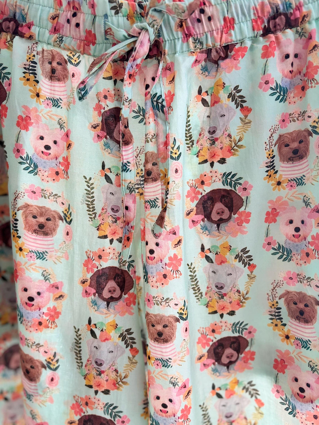 Pyjama cotton set coordinate  with frills  and pocket on quirky  DOGS PUPPY  print