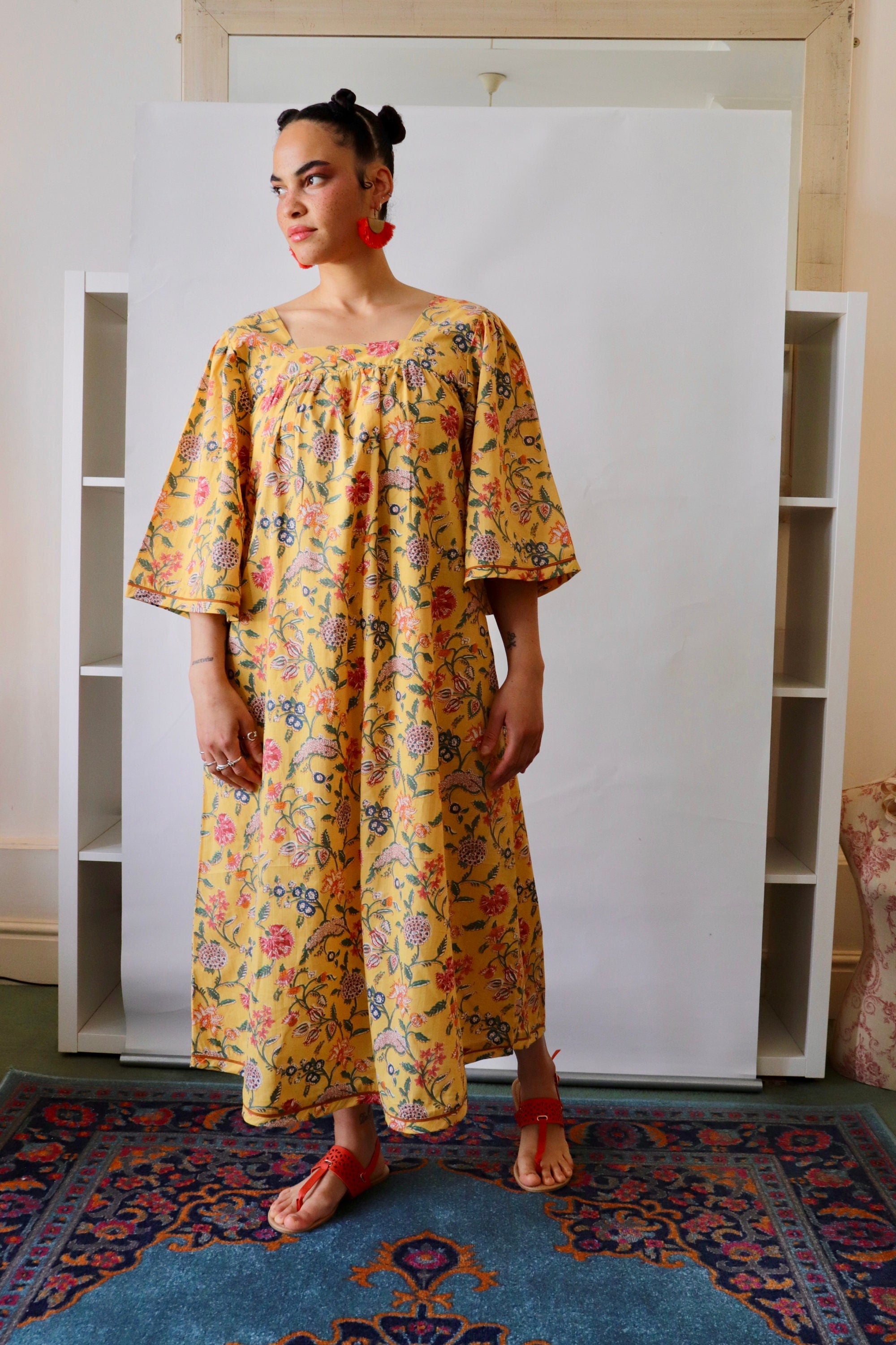 Floral Cotton Summer Dress: Yellow Block-Print Lounge Dress