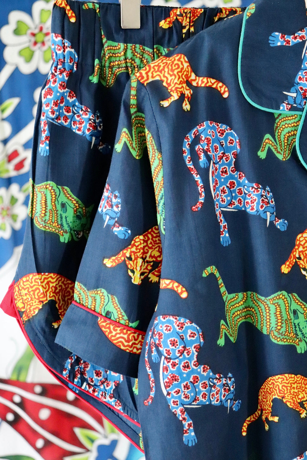 Cotton Pyjama Set: Navy Blue Panther Print, Short Sleeve Loungewear