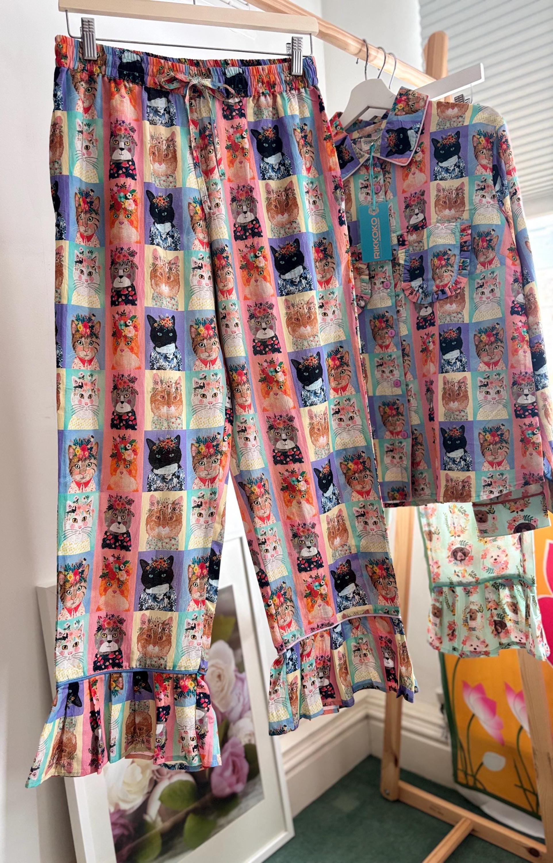 WOMAN Cotton Pyjama Set  Cats Print, with frills on a pastel palette