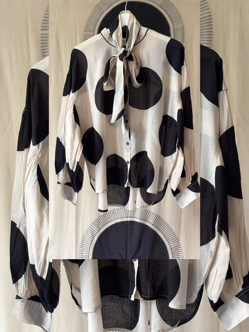 Oversized Cotton Polka Dot Blouse: Pussy Bow, Long Sleeves