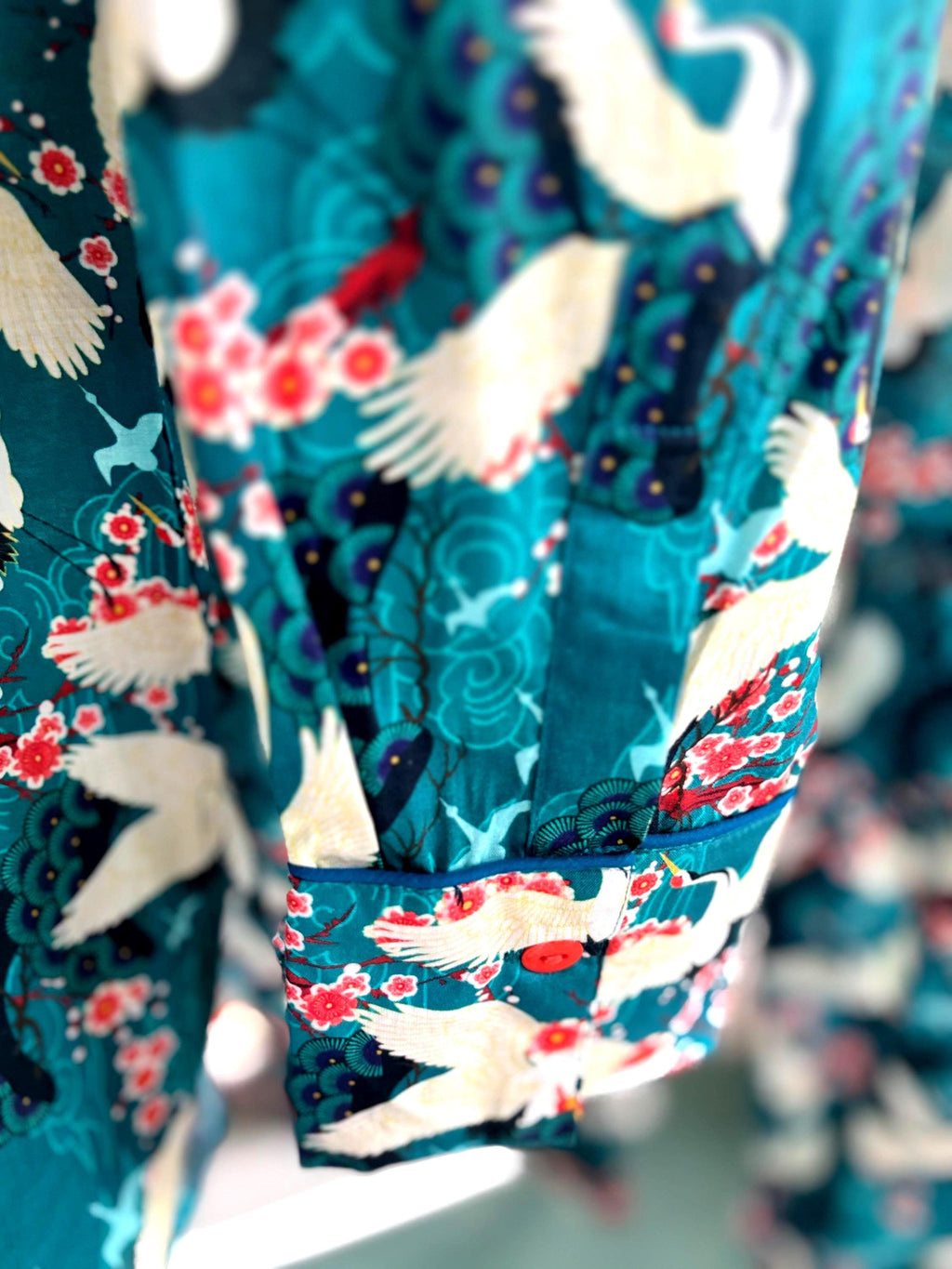 Japanese Print Cotton Pajama Set: Green Serenity with Pockets