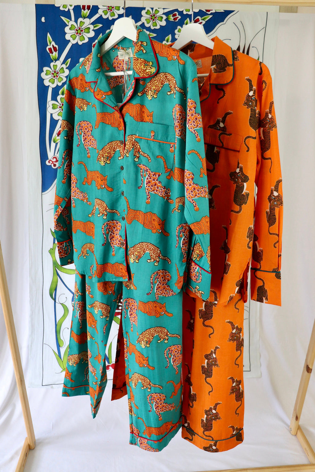 Cotton Pyjama Set: Orange Panther Print, Green Piping
